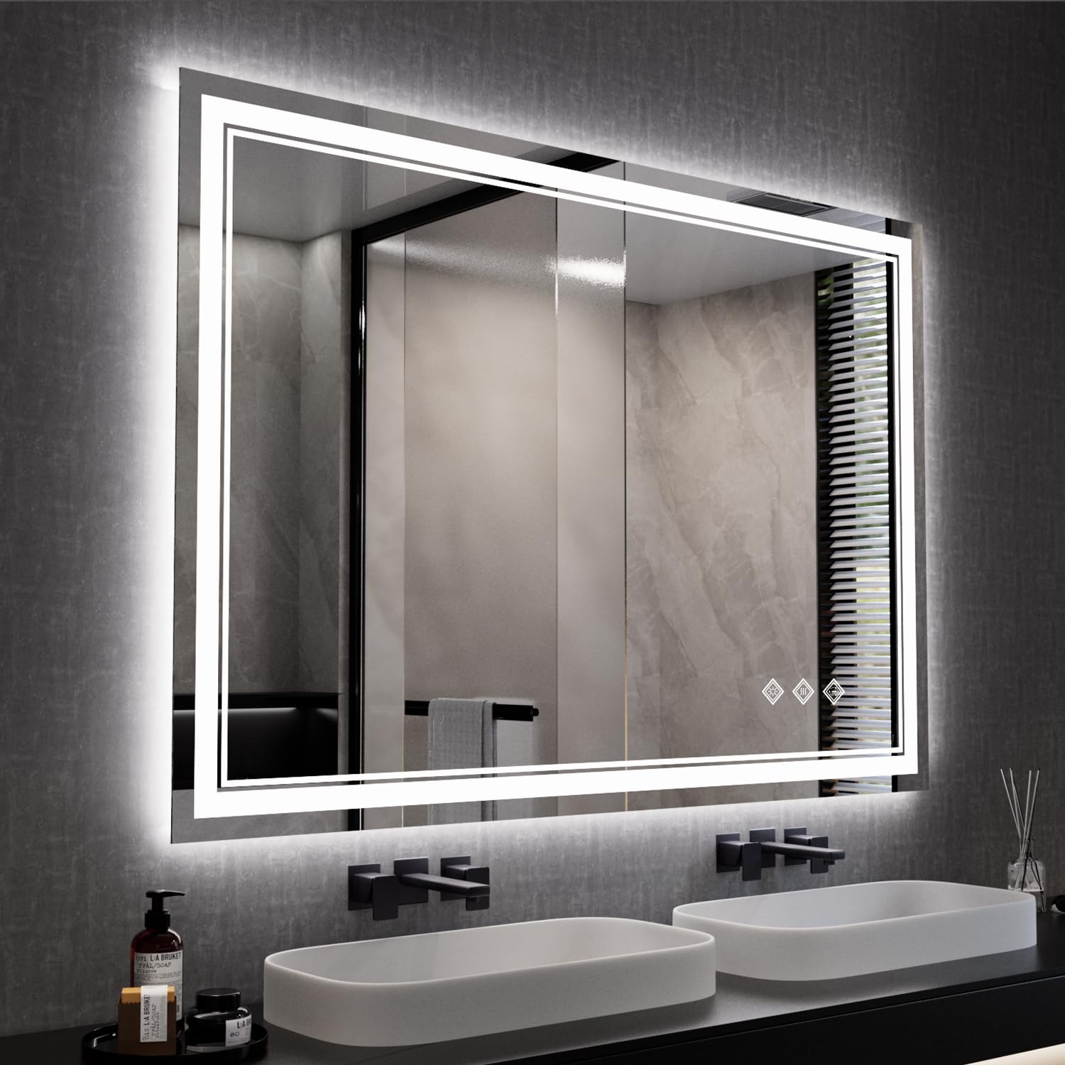 VanPokins Bathroom Mirror, 44x30 Inch Gradient Front and Backlit Smart Mirror, 3 Colors Dimmable CRI>90 Double Lights, IP54 Enhanced Anti-Fog, Hanging Plates Wall Mount LED Mirror