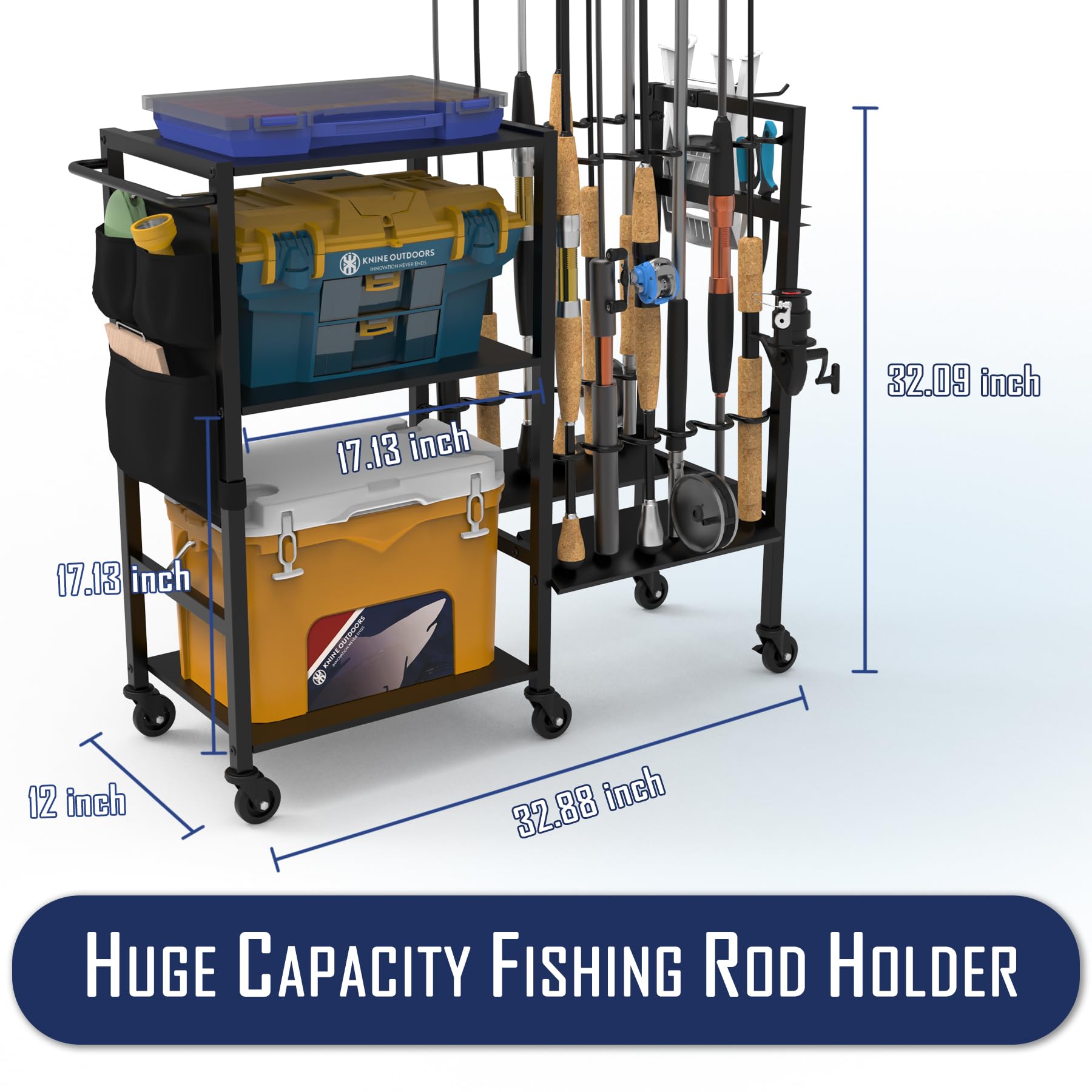 KNINE OUTDOORS Garage Fishing Pole Holders - 12 Rod Holders, 3 Layers of Storage Space for Fishing Gear and Equipment