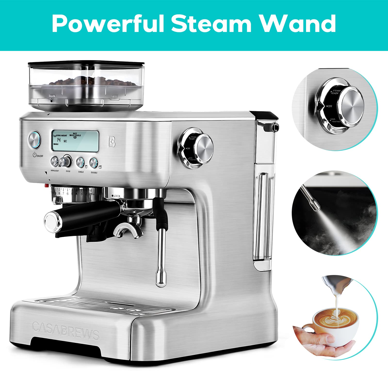 CASABREWS Espresso Machine with Grinder, Barista Espresso Maker with Milk Frother Steam Wand, Professional Cappuccino Latte Machine with LCD Display, Gifts for Dad, Mom and Coffee Enthusiast