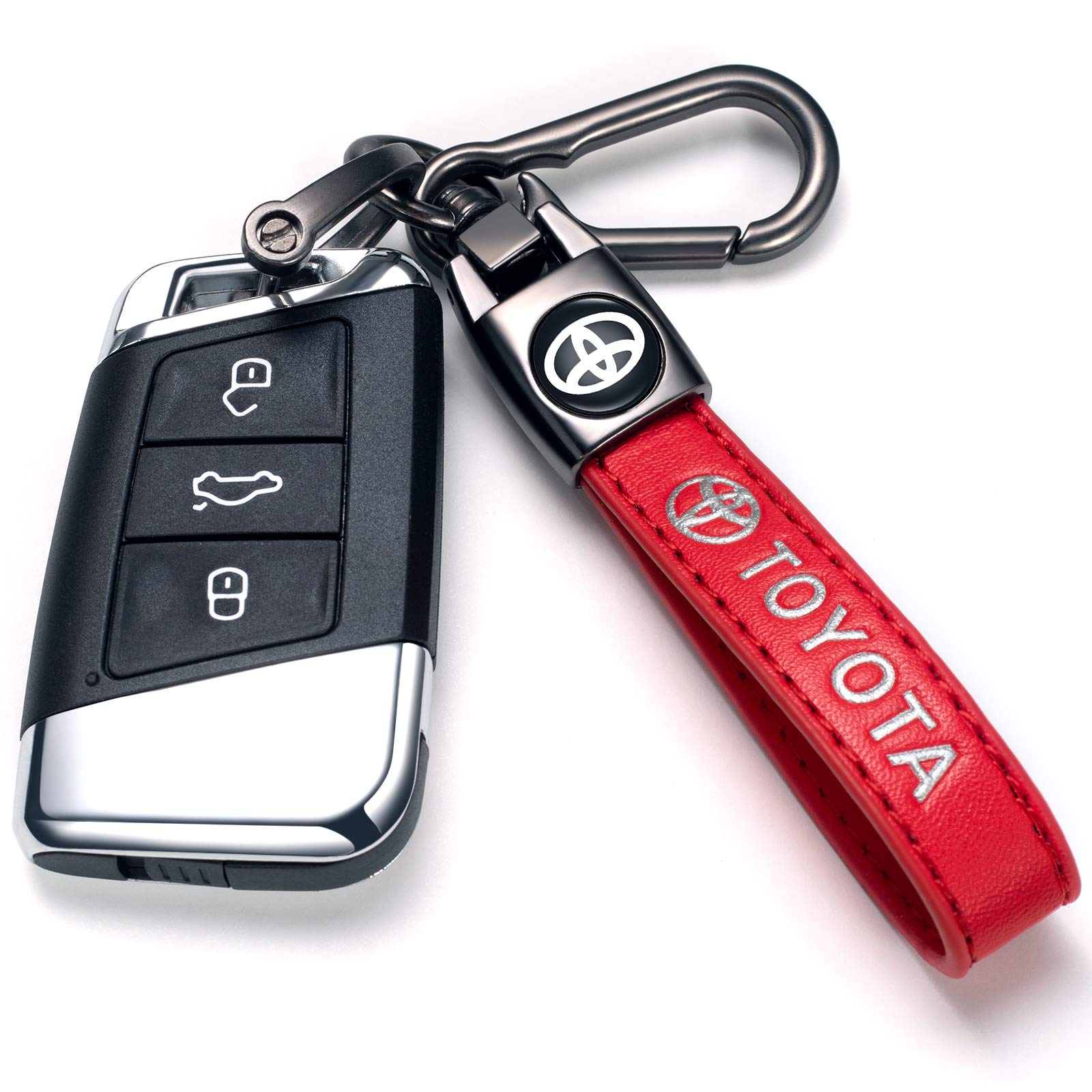 Uijtylj Genuine Leather Key Chain Suit Fit for Toyota Tacoma Prius Avalon Highlander RAV4 Car Key Chain Ring Accessories Family Present for Men and Woean Keyring (Red)