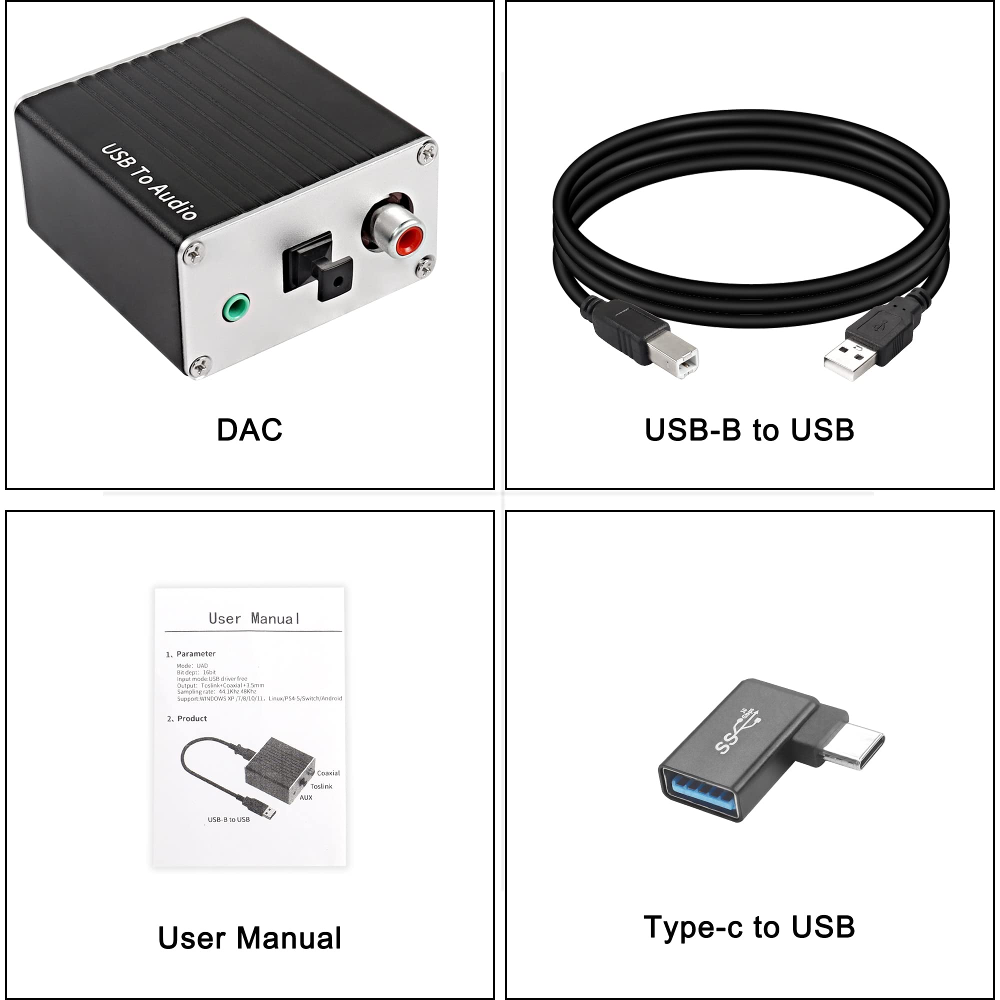 XMSJSIY USB-A/Type-C to Coaxial Optical Toslink SPDIF + 3.5mm AUX Stereo Audio Adapter USB Digital Audio Decoder Converter External Sound Card for PC Laptop Phone Smart TV