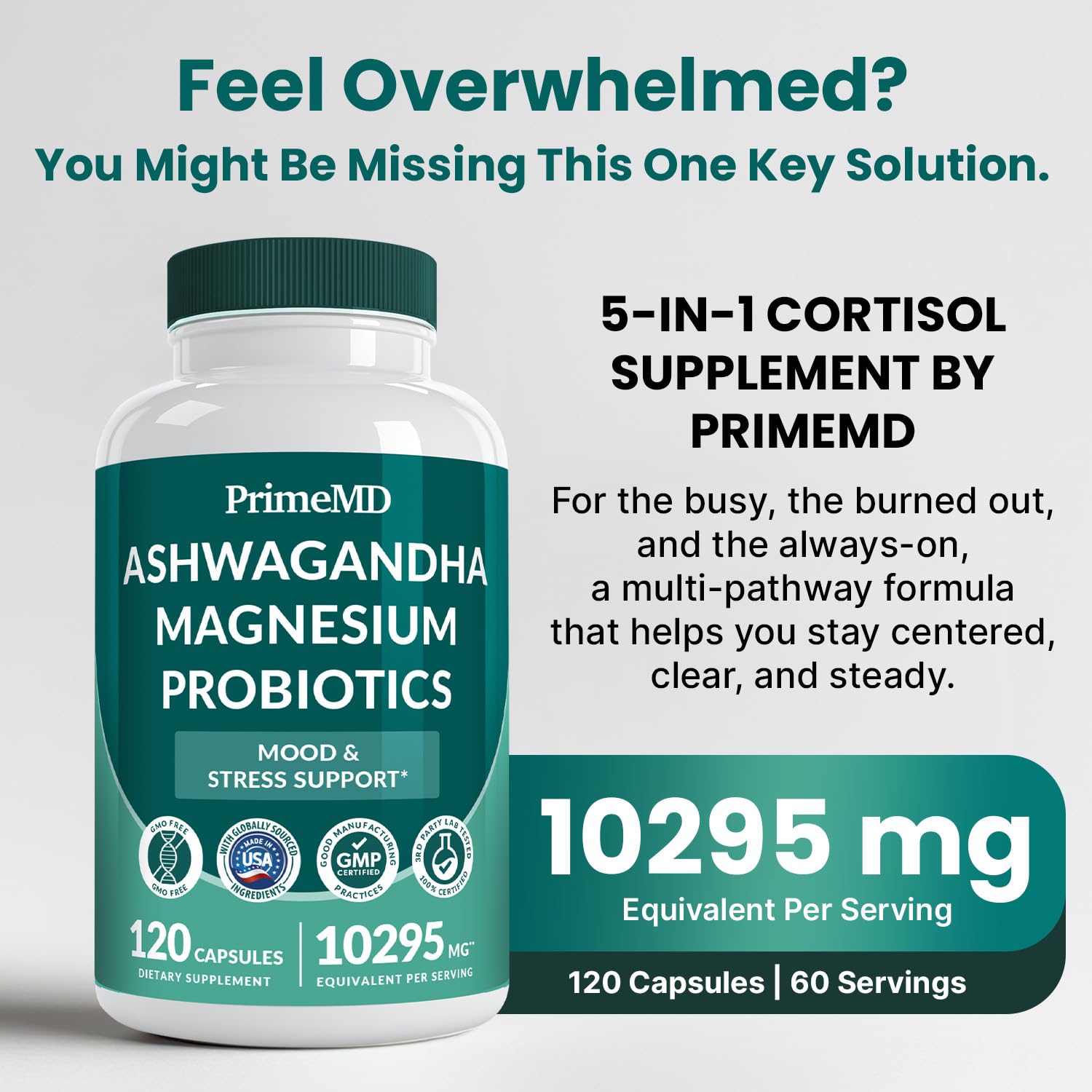 5-in-1 Cortisol Supplement for Women and Men with Ashwagandha for Calmness, Focus, and Adrenal Support Supplements with Shilajit Extract, Magnesium Glycinate, Probiotics (120 ct) (Pack of 1)