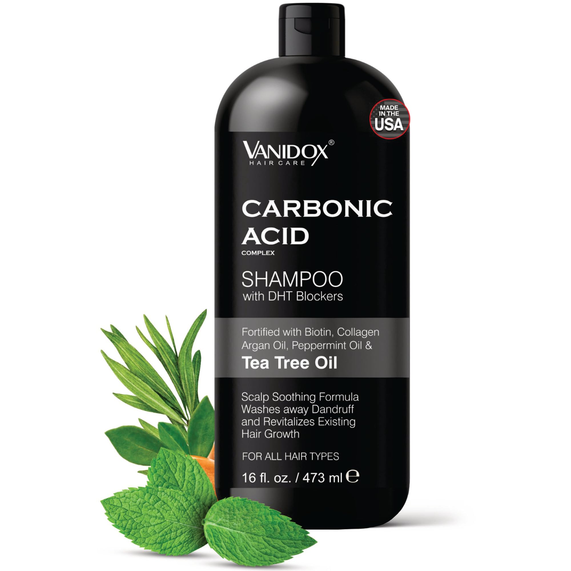 VANIDOX Carbonic Acid Shampoo for Men and Women with DHT Blockers - Made in USA - Stimulates Hair Growth, Scalp Exfoliator, Sulfate Free Shampoo with Biotin and Tea Tree Oil (16 Fl Oz)