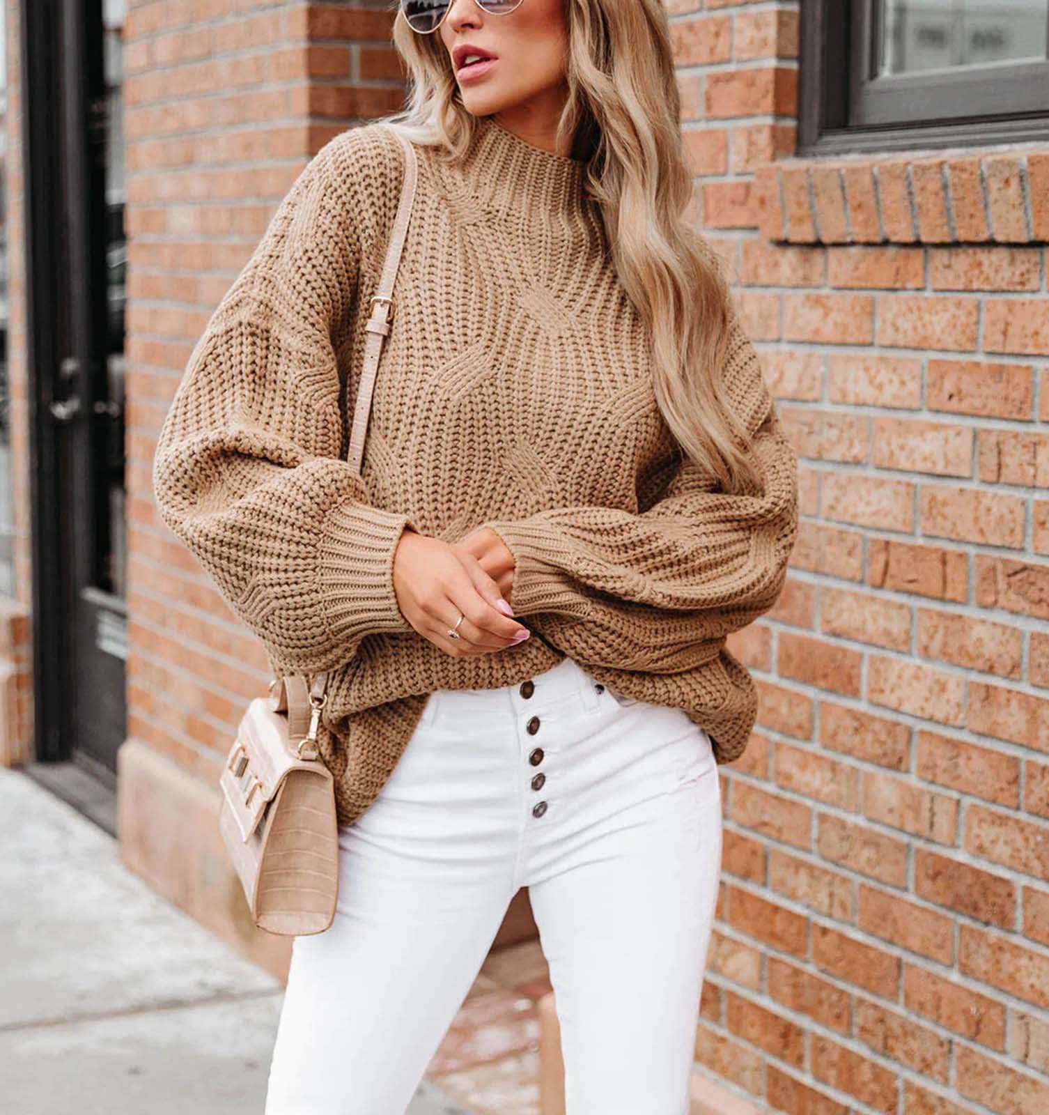 BWQ Women's 2024 Fall Oversized Pullover Sweaters Loose Casual Crewneck Long Sleeve Chunky Soft Cable Knit Blouse Tops Khaki XXL