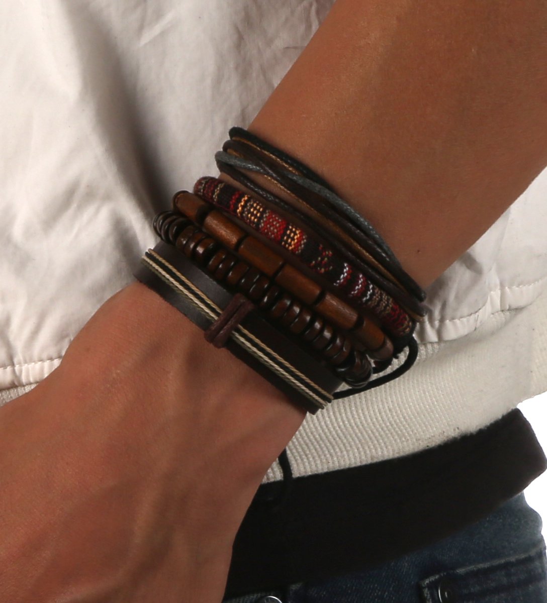 HZMAN Mix 5 Wrap Bracelets Men Women, Hemp Cords Wood Beads Ethnic Tribal Bracelets, Leather Wristbands