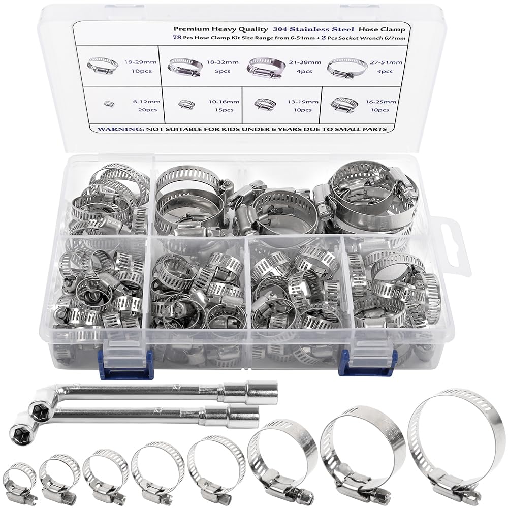 HongWay 78 Pack Hose Clamp Assortment Kit, Adjustable Range 1/4-2in(6-51mm), 304 Stainless Steel Hose Clamps with 2pcs Socket Wrench, for Plumbing, Automotive and Mechanical Application