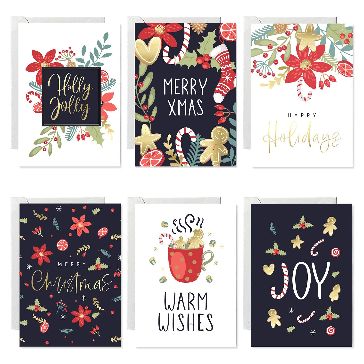 easykart labels 24 Christmas Cards with Envelopes, 6 Assorted Floral Designs With Gold Foil, 5.5 x 4 Inch Size For Friends, Family and loved Ones