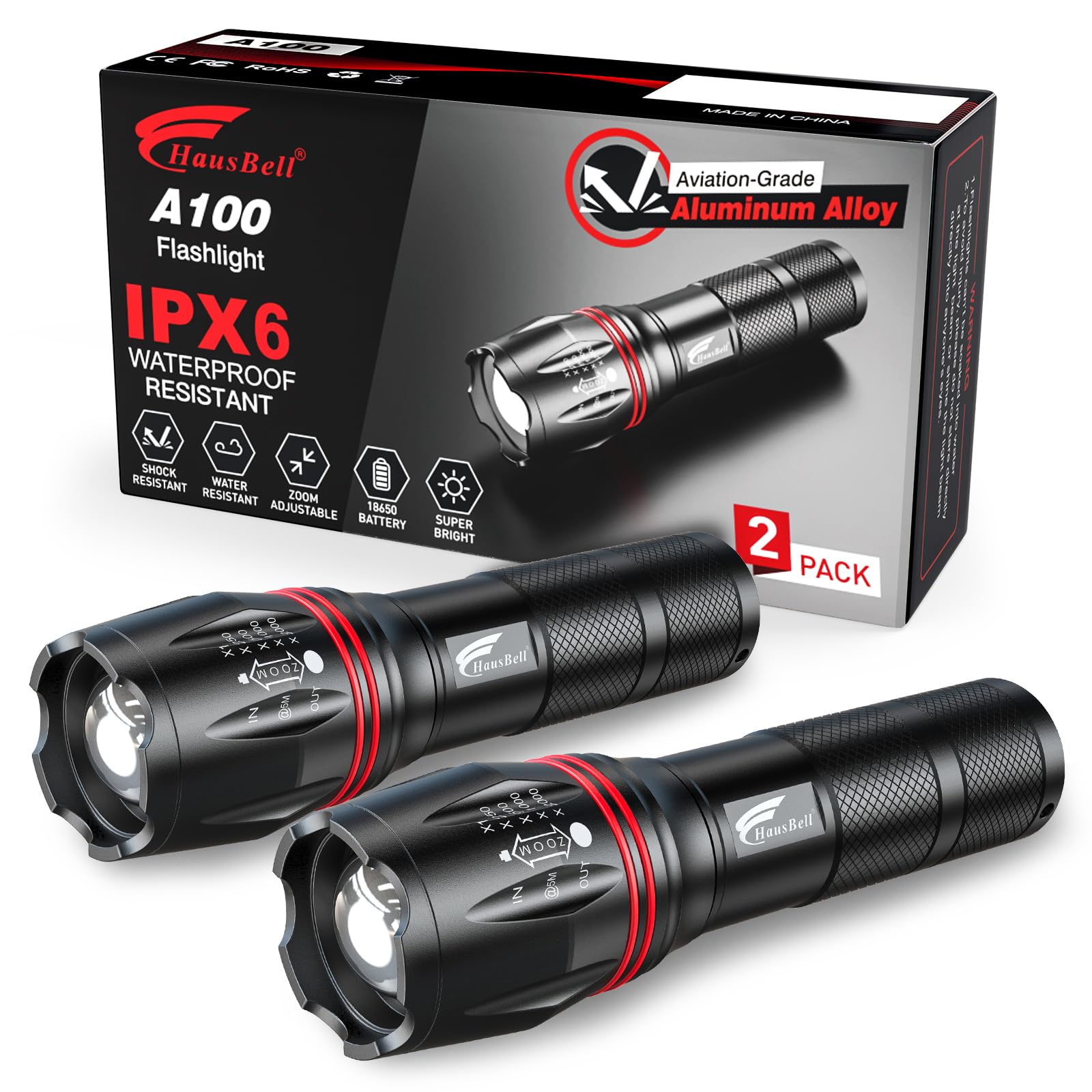 HAUSBELL A100 LED EDC Flashlights High Lumens,Bright, Zoomable, Waterproof, Powerful, Emergency Tactical LED Flashlights for Home and 5 Modes, Flashlight for Camping Gear、Hiking、Walking（2Pack）