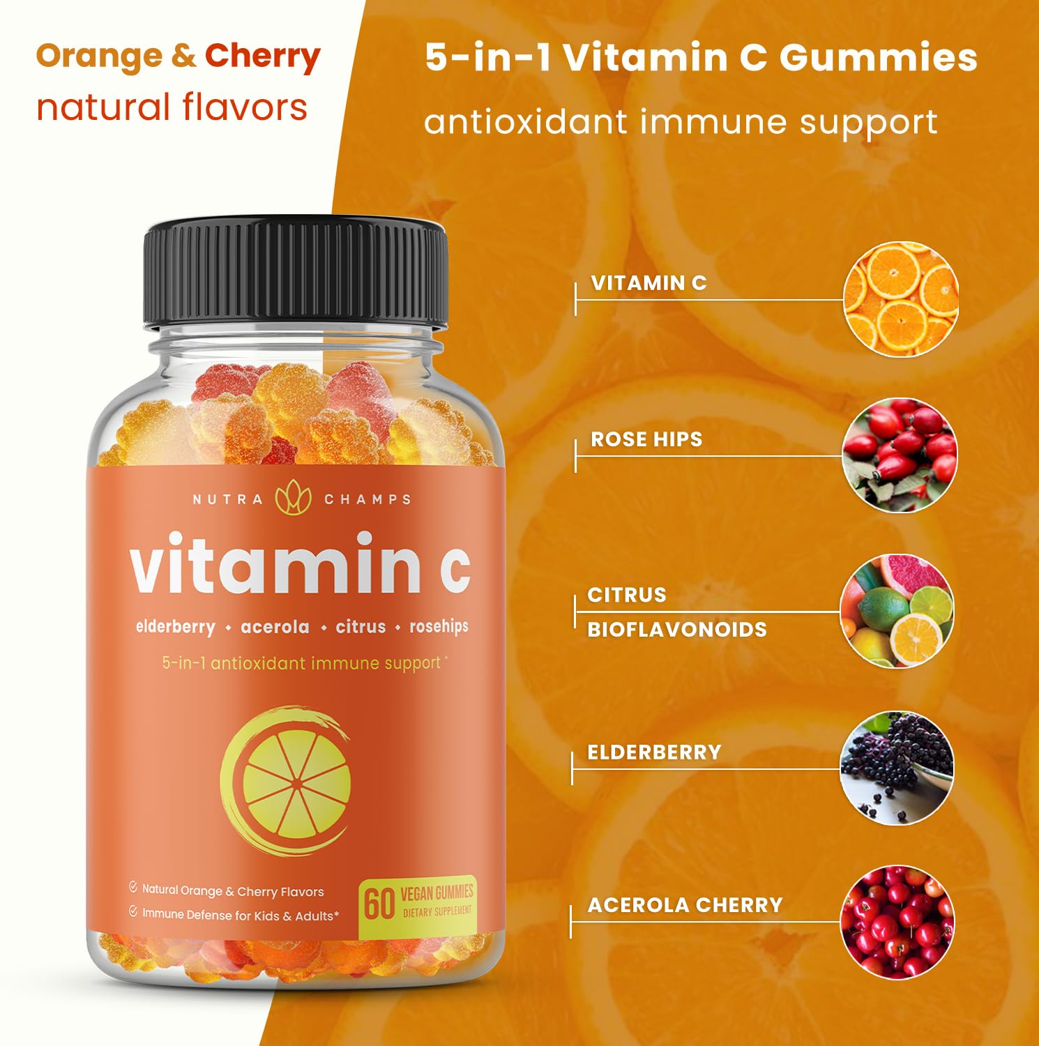 Vitamin C Gummies for Adults & Kids | 5-in-1 Immune System Support with Elderberry, Rosehips, Citrus Bioflavonoids & Acerola Cherry | Vegan VIT C Immunity Booster Supplement Chewable Gummy (2 Pack)