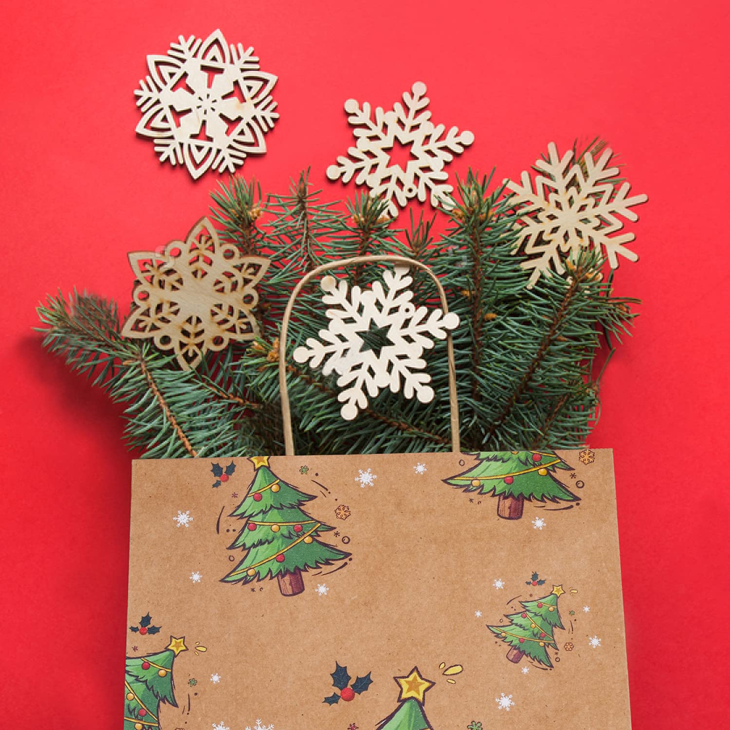 Gatherfun Christmas Colorful Kraft Paper Gift Bags with handles and Tissue Paper for Merry Christmas Party Decorations，3 Designs, 15 Pack, 8X5.3X10inch