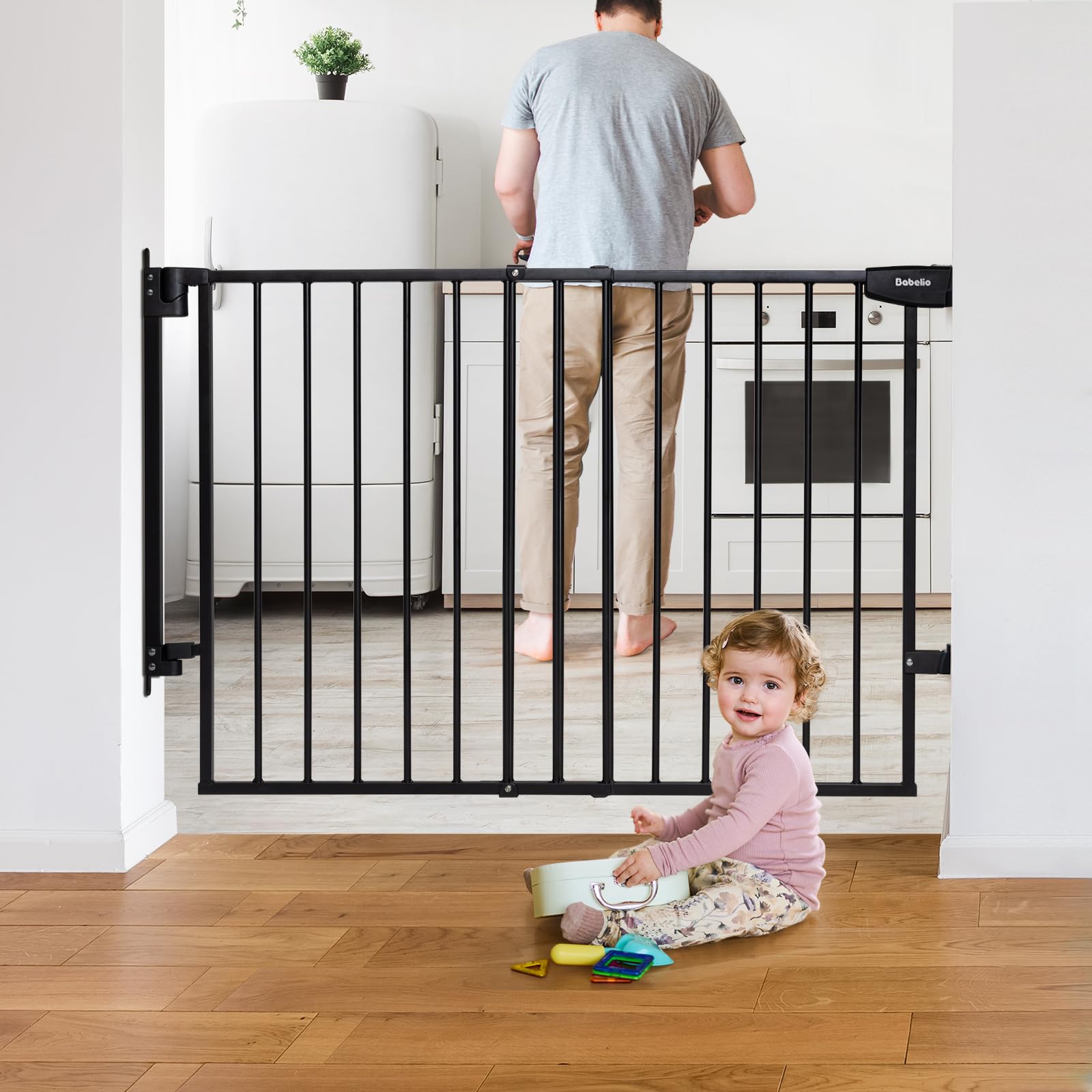 Babelio 29.7-46.5" No Bottom Bar Baby Gate for Stairs, Safety Pet Gates with Large Walk Thru Door, Hardware Mount Dog Gate for The House and Doorways, Black