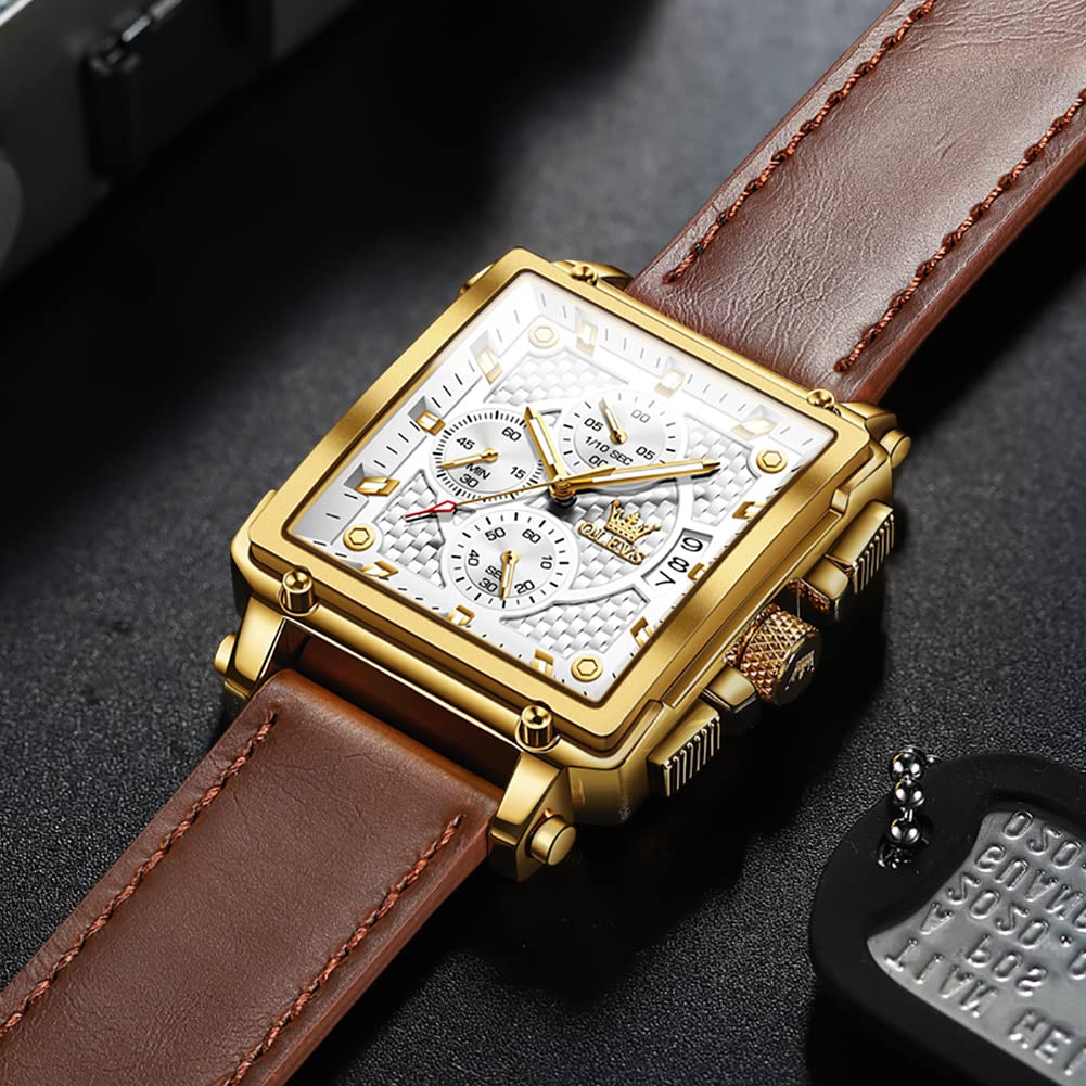 OLEVS Watch for Men Chronograph Square Brown Leather Fashion Big Face Business Drees Waterproof Luminous Casual Business Man Watch