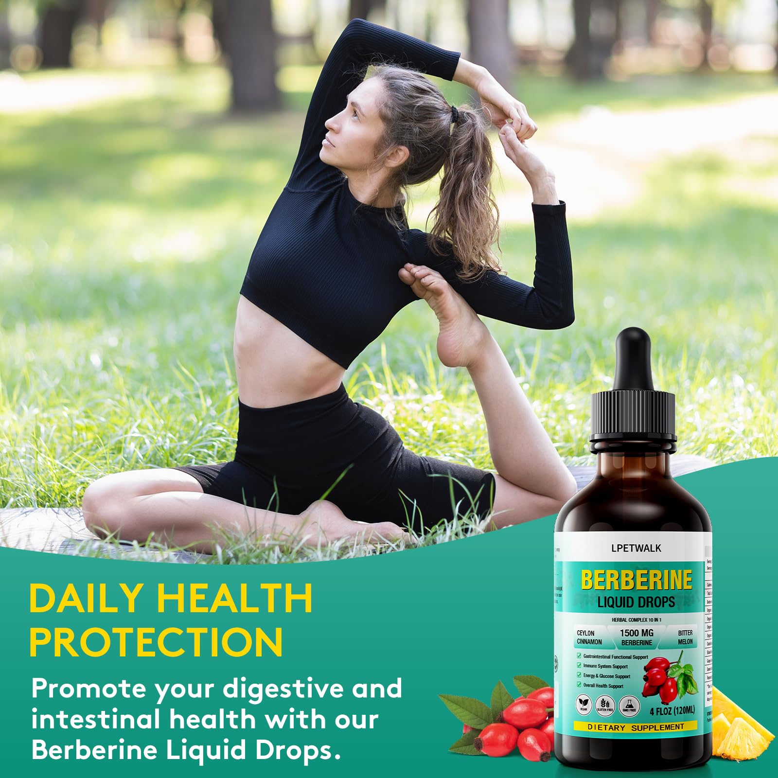 LPETWALK 4 FL Oz Organic Berberine Liquid Drops - Premium Berberine Supplement with Ceylon Cinnamon, Bitter Melon, Sugar-Free & Vegan Supplement Berberine Leaves Liquid, 98% Absorption - 120ML