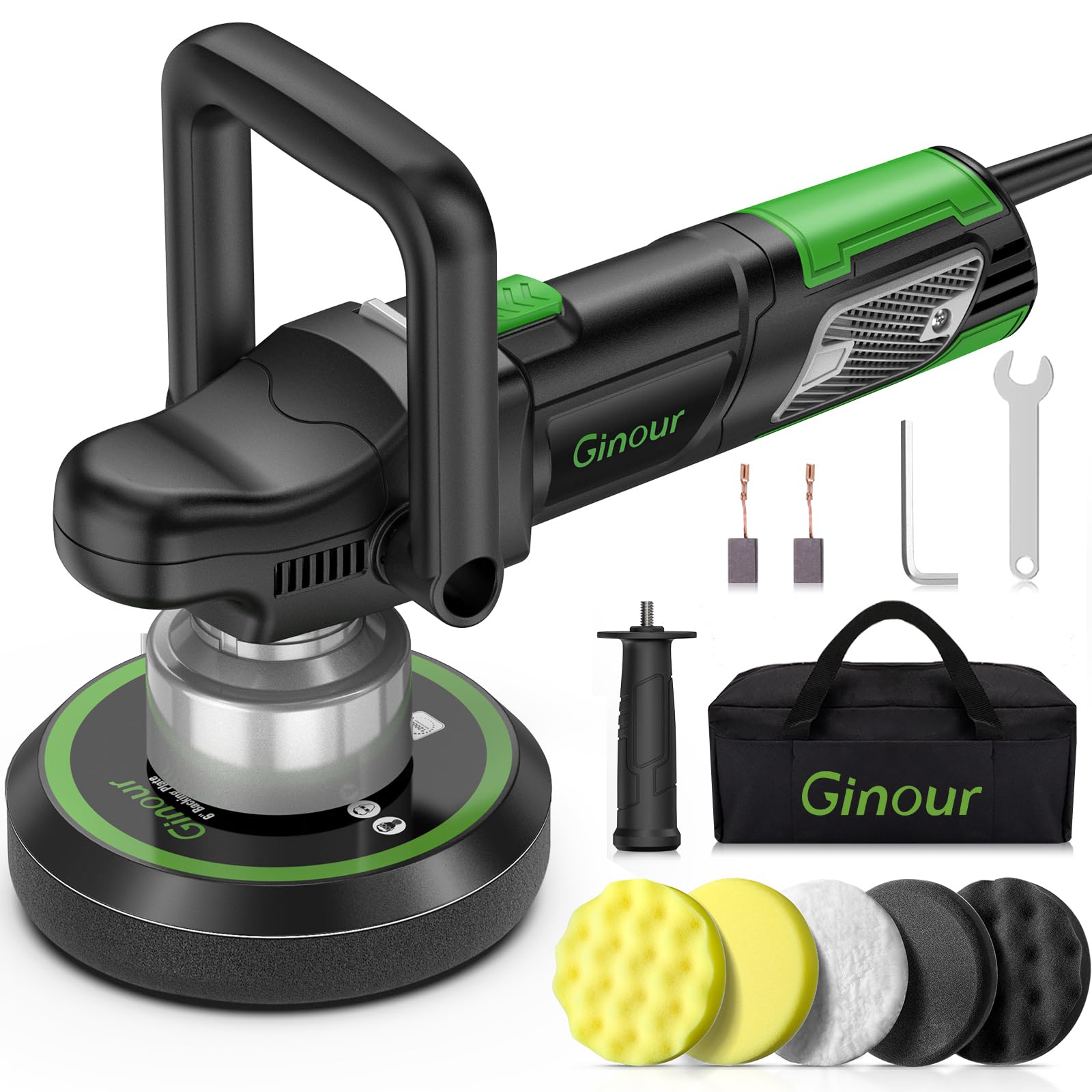 Ginour Buffer Polisher, 6 inch Dual Action Buffer for Car Detailing, Variable Speed Random Orbital Car Buffer with 2 Handles, 5 Buffer Polisher Pads (Number of Items 13)