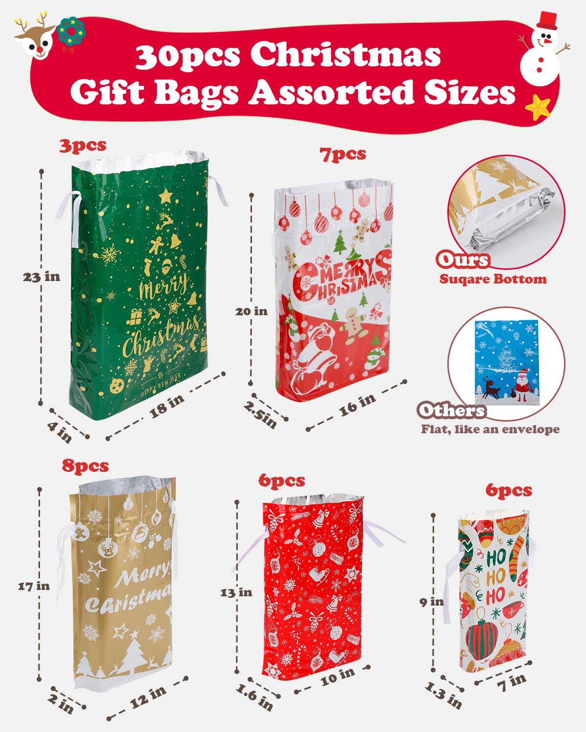 Christmas Gift Bags, 30pcs Christmas Bags for Gifts, Drawstring Christmas Gift Bags Assorted Sizes-Large, Medium, Small, Christmas Wrapping Paper Reusable Plastic Christmas Bags Bulk, Holiday Gift Bag