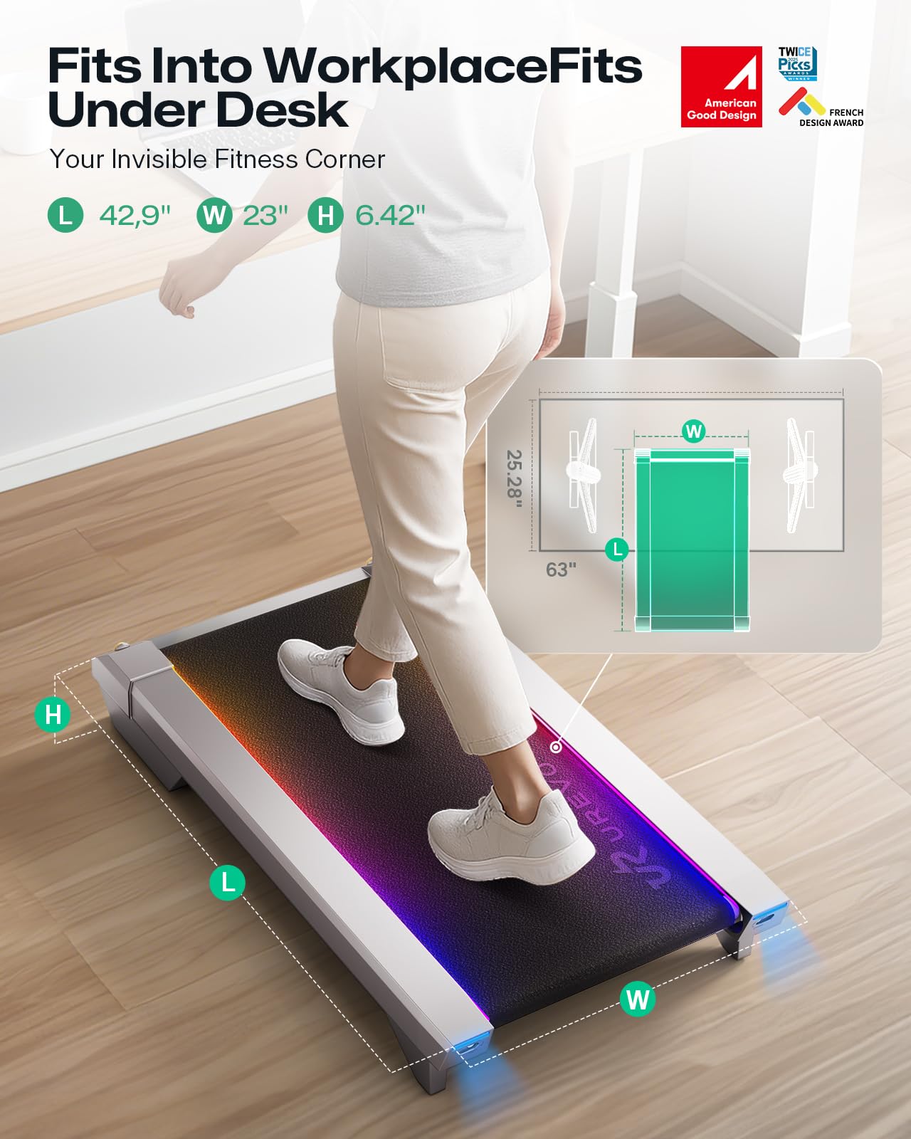 UREVO CyberPad Smart Walking Pad with 14% Auto Incline, Brushless Motorized Under Desk Treadmill for Office Fitness, Elegant Speed Lights, Spacious Surface, Digital Controller, AI-Powered App