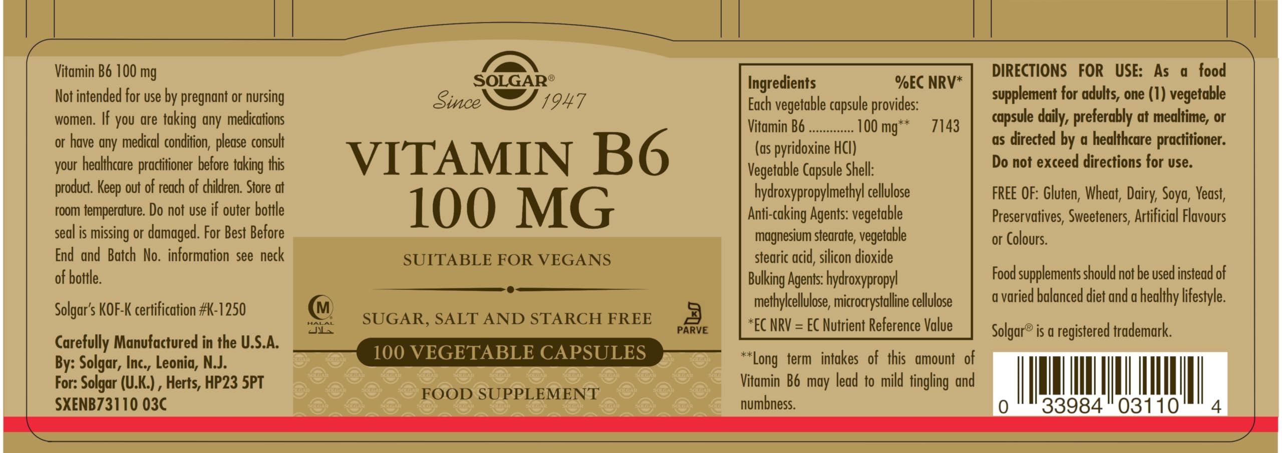 Solgar Vitamin B6 Vegetable Capsules, 100 mg, 100 Count