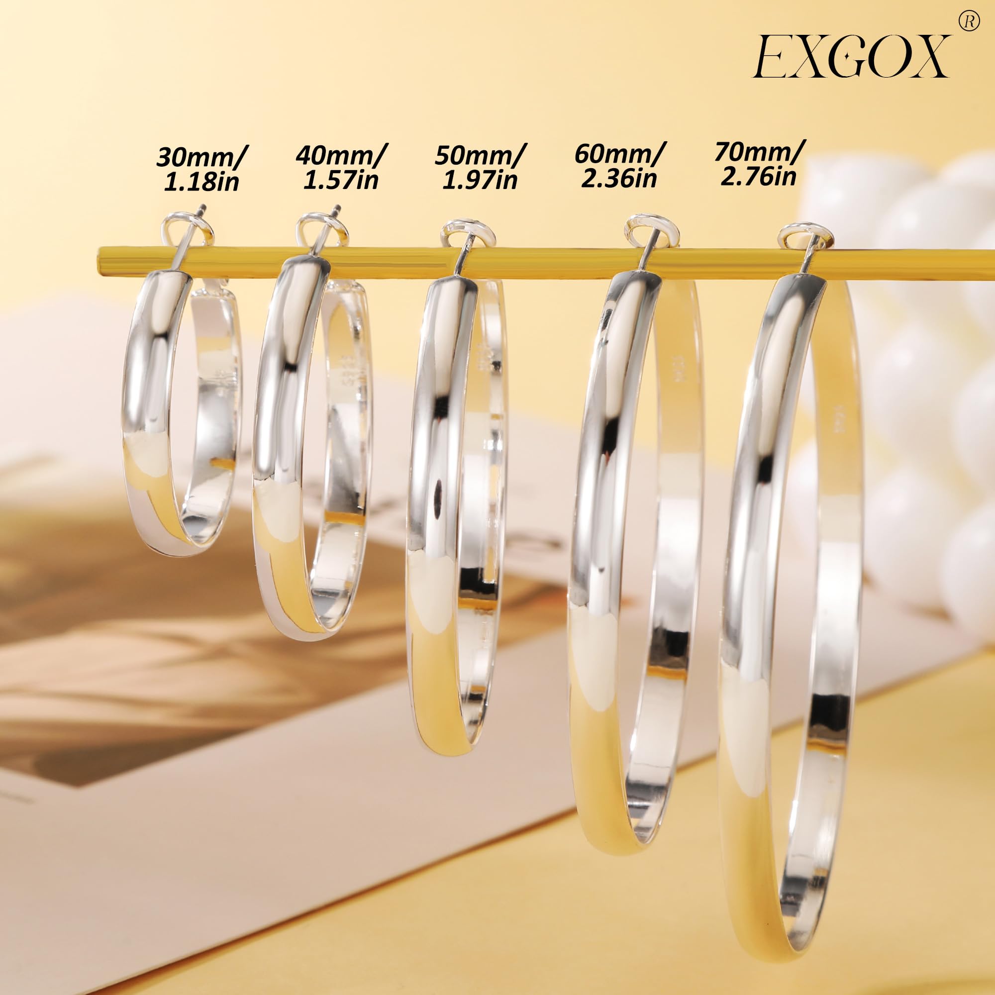 EXGOX Sterling Silver Hoop Earrings for Women 5mm Wide Large Silver Hoop Earrings Hypoallergenic 14K Real Gold Plated Earring Big Silver Hoop Earrings for Women Girls 30/40/50/60/70mm