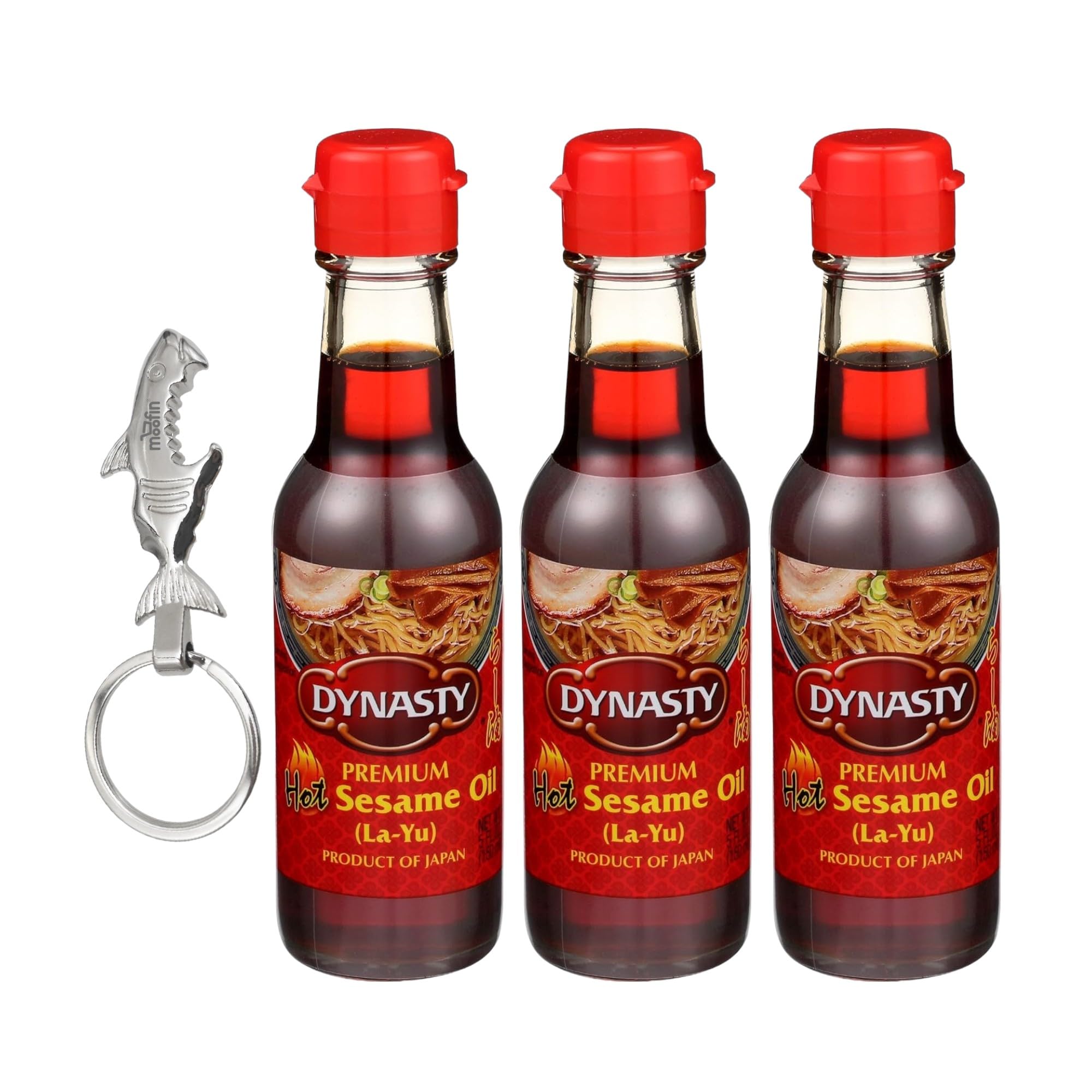 Dynasty Sesame Oil, 5 fl oz - Hot Sesame Oil for Seasoning, Stir-Frying & Marinades, with Moofin Silver SS Bottle Opener Keychain, Enhances Seafood & Meat Flavor, Versatile Sesame Oil (Pack of 3)