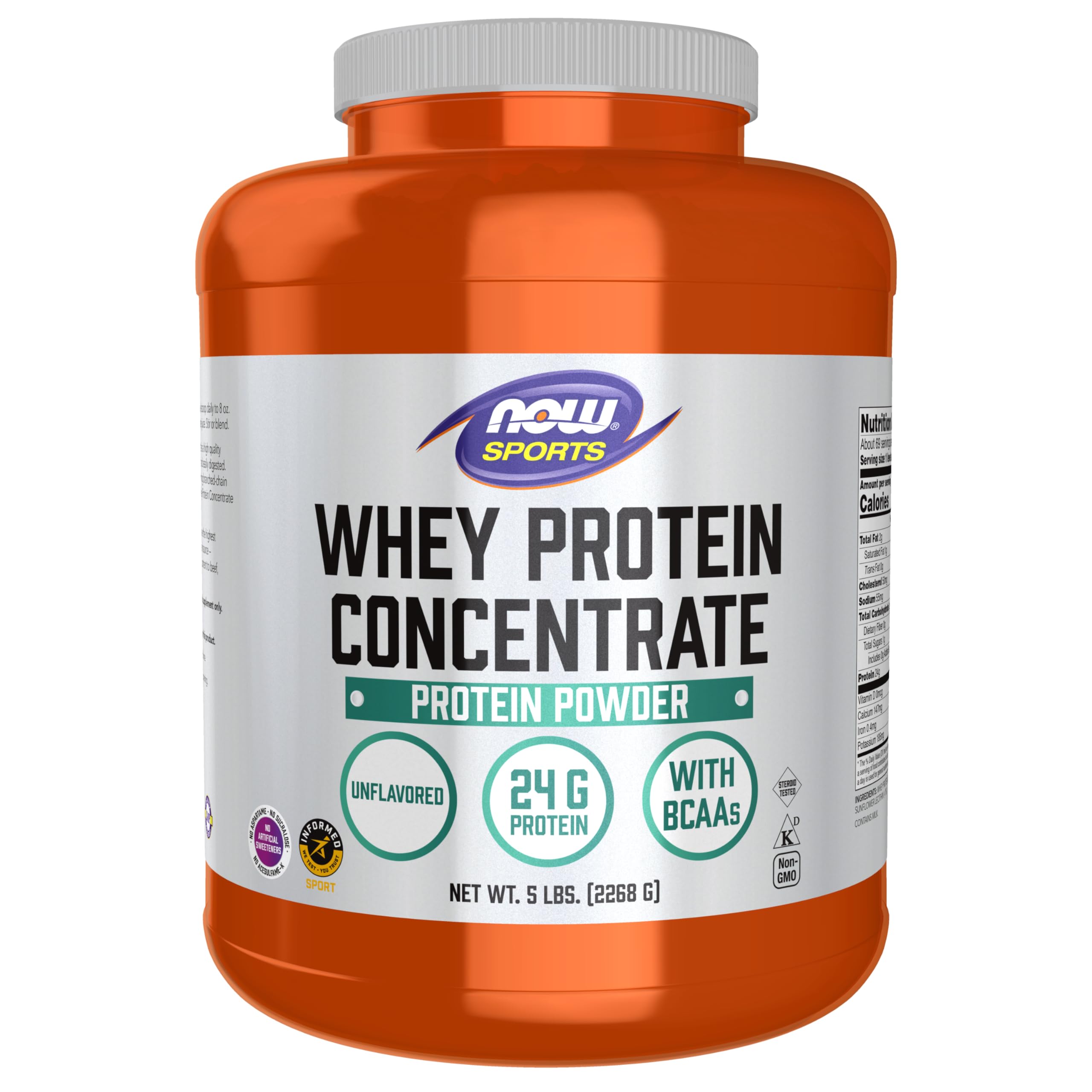 NOW Foods Sports Nutrition, Whey Protein Concentrate, 24 G With BCAAs, Unflavored Powder, 5-Pound