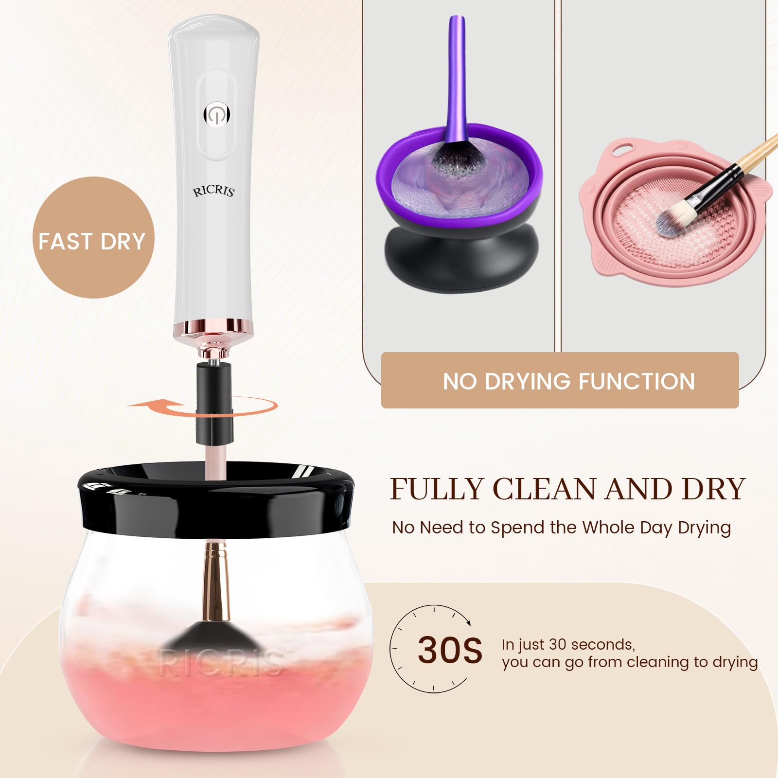 RICRIS Electric Makeup Brush Cleaner Machine - Ultra Fast USB Make Up Brush Washer and Dryer - Automatic Cosmetic Brush Cleanser Tool Clean and Dry in Seconds for Beauty Women, Girls (White)