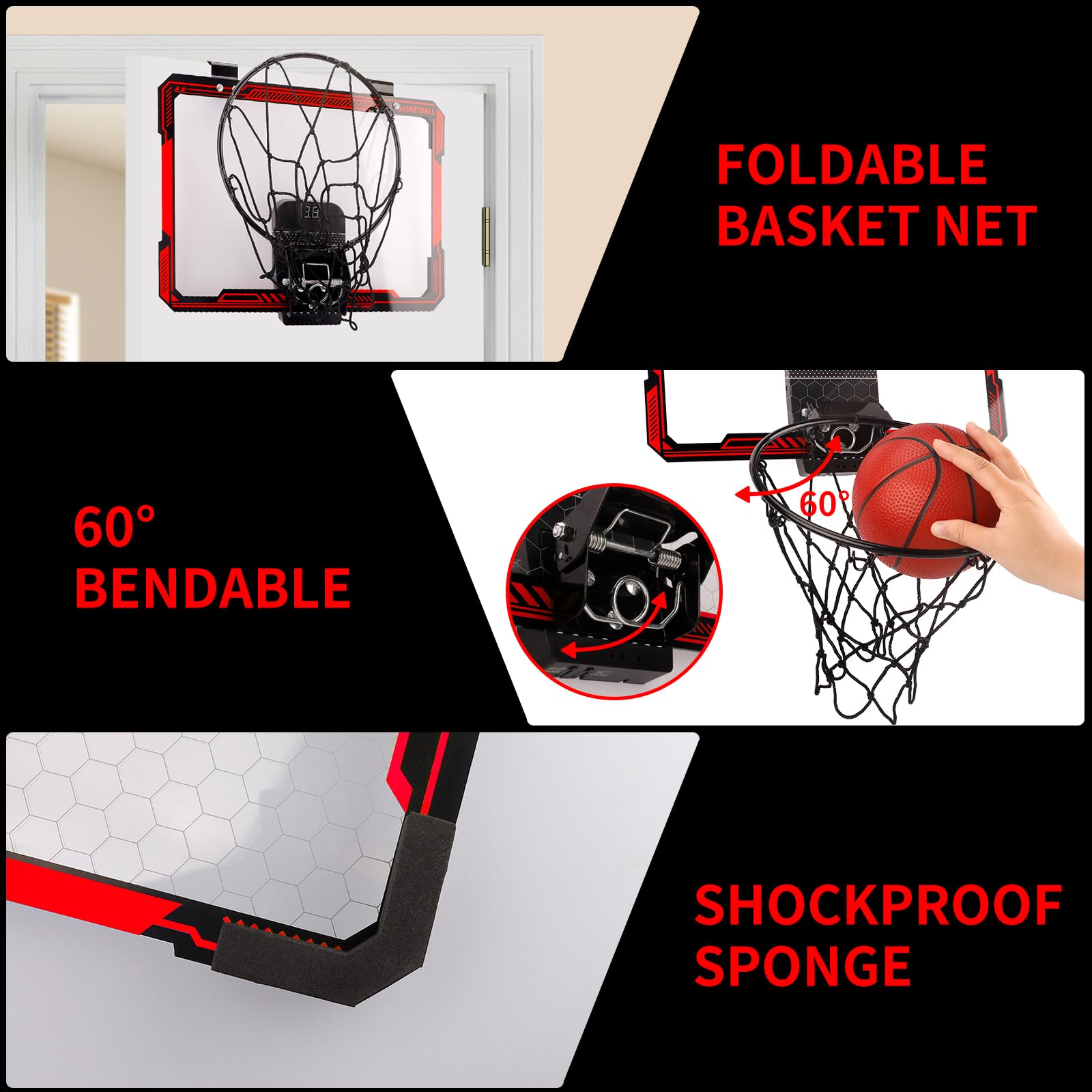 Basketball Hoop Indoor for Kids, Over The Door Basketball Hoops with LED Lighting & Audio Scoreboard, Mini Basketball Hoop Basketball Toys Gifts for 5 6 7 8 9 10 11 12 Year Old Boys Girls (Red)