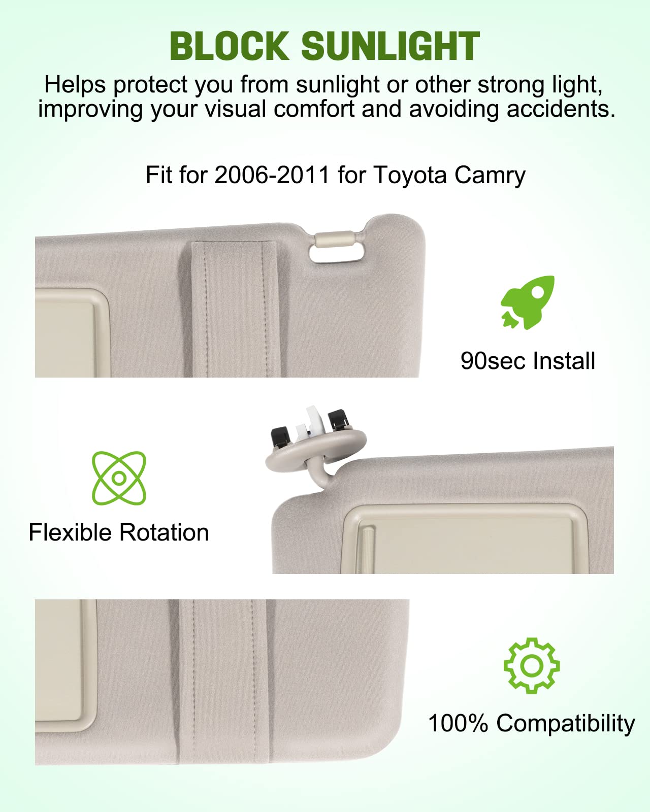 SCITOO Left Driver Side Beige Sun Visor Assembly fit for Toyota Camry 2006 2007 2008 2009 2010 2011 Windshield Visor with Sunroof Vanity Light