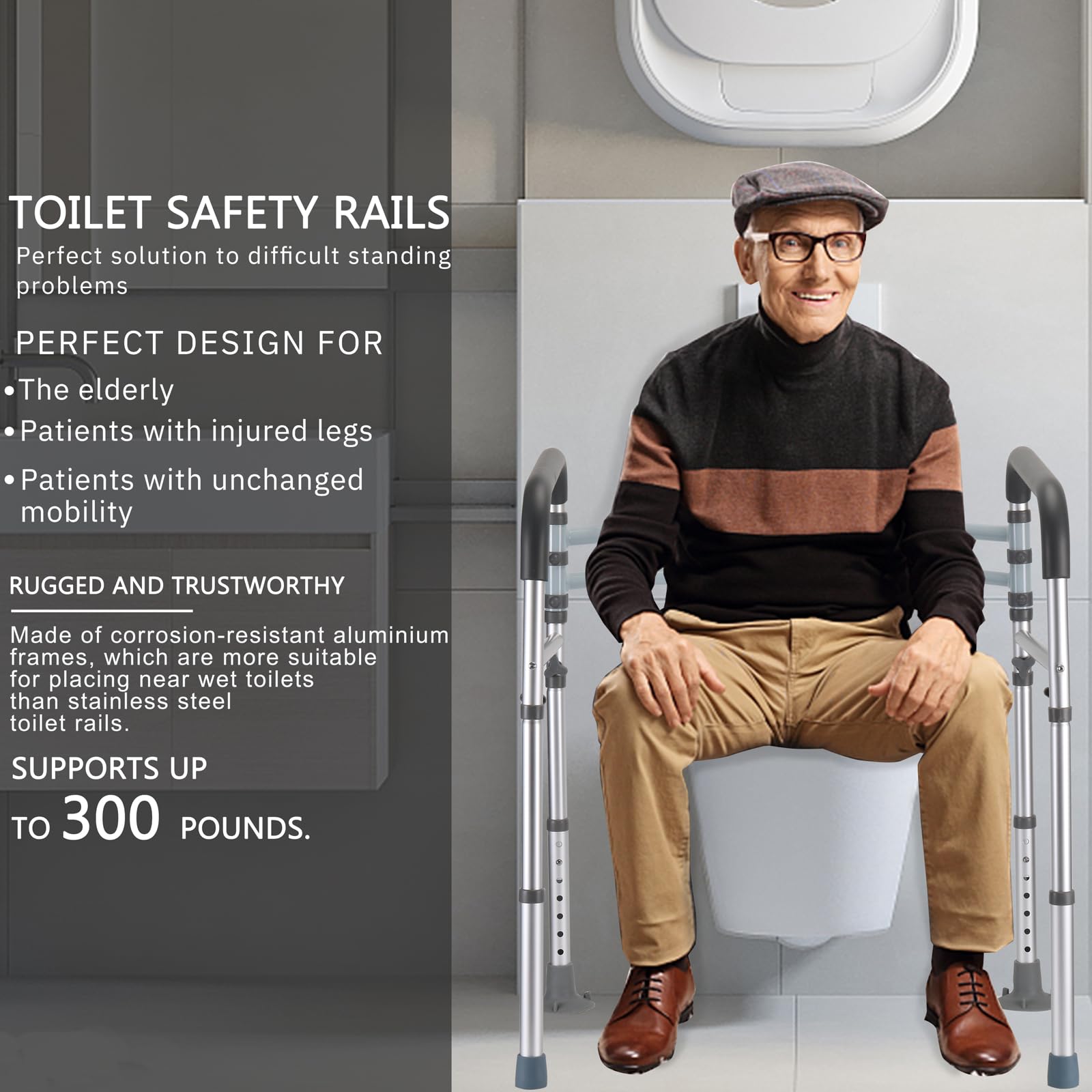FSA/HSA Eligible Toilet Safety Rails, Adjustable Toilet Safety Frame for Elderly, Seniors, Handicap & Disabled, Toilet Frame with Handles, Foldable Handicap Toilet Rails Fit Any Toilets (300 LB)
