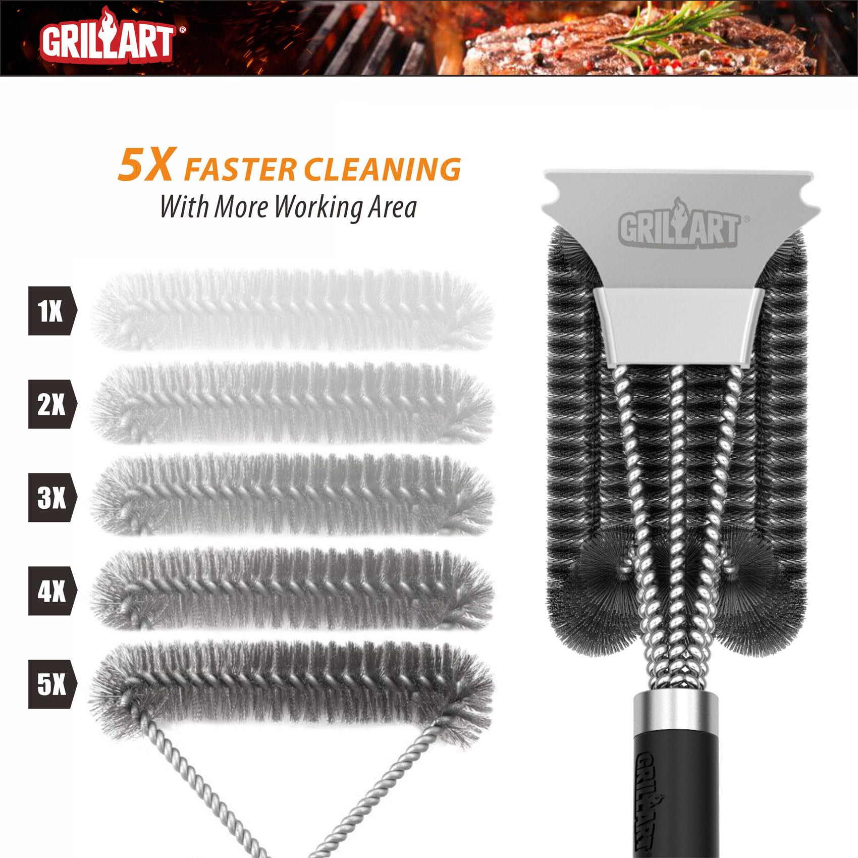 GRILLART Grill Brush and Scraper with Deluxe Handle, Safe Wire Grill Brush BBQ Cleaning Brush Grill Grate Cleaner for Gas Infrared Charcoal Porcelain Grills, BR-8529