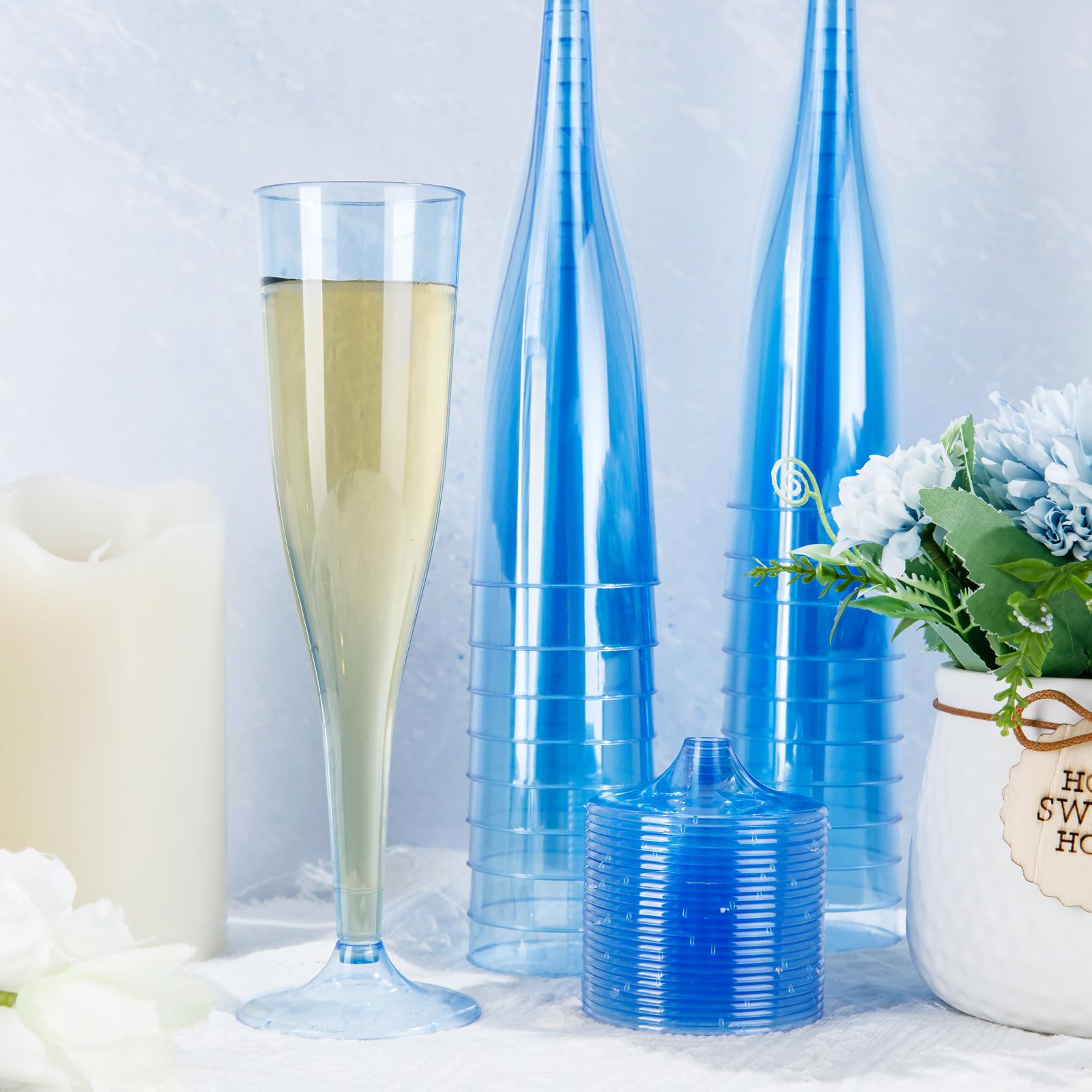 WDF 36 Pack Clear Blue Plastic Champagne Flutes - 7OZ Blue Champagne Flutes Plastic, Champagne Glasses Disposable for Party & Wedding