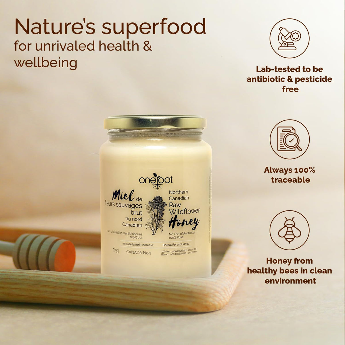 Oneroot 100% Canadian Flower Honey - 1kg / 2.2lbs, Honey Wildflower Unfiltered, Unheated & Creamed, Nutrient Rich Raw Wildflower Honey With Enzymes, Thick Natural Sweetener