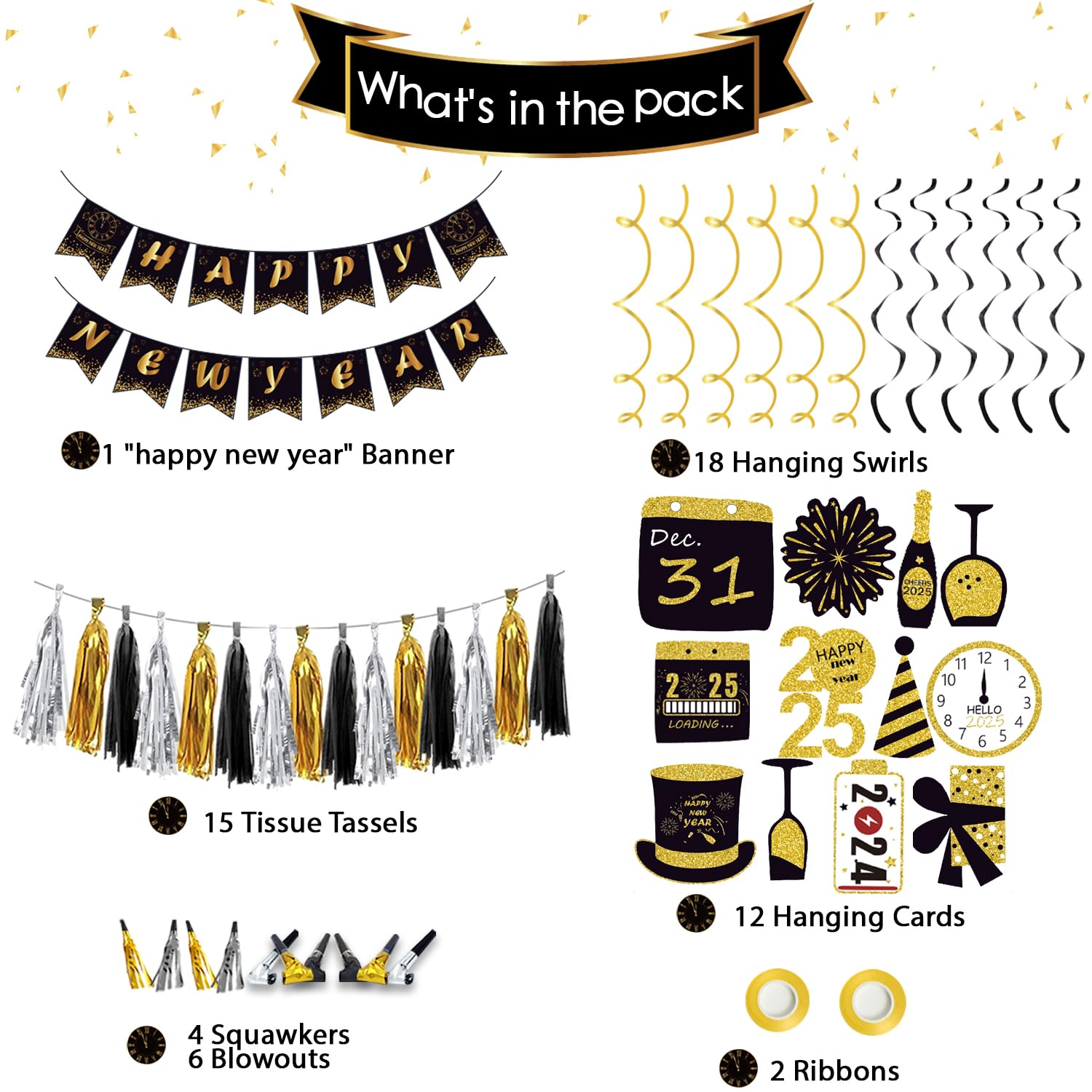 New Years Eve Party Supplies 2025 - New Years Party Decorations Pack Including Balloons, Hanging Swirls, Blowouts, Tissues Tassels Garland, Party Favors and Happy New Year Banner