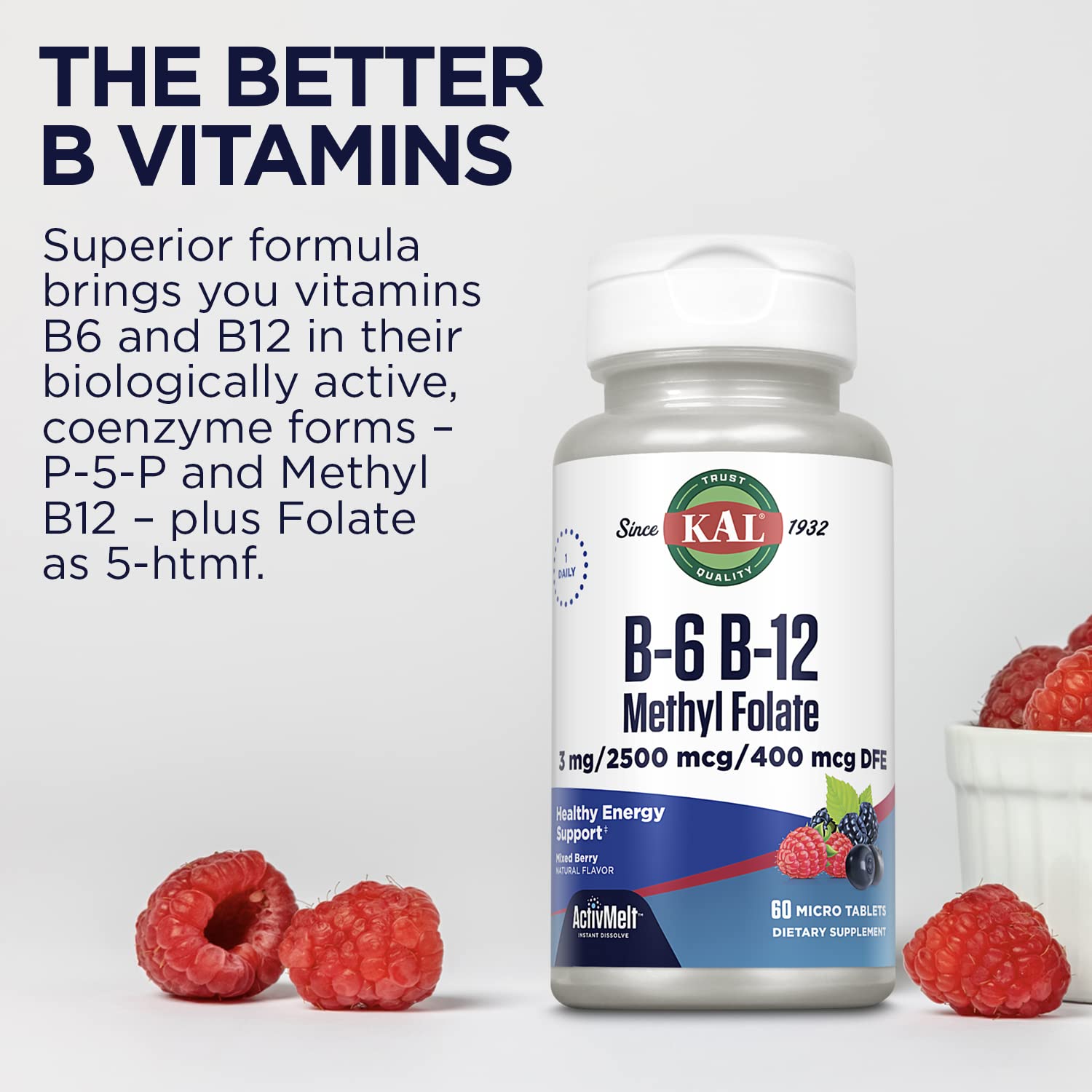 KAL Vitamin B-6 B-12 Methyl Folate ActivMelt, Vitamin B Supplement, Heart Health, Energy and Red Blood Cell Support with Methyl B12 and DFE Folic Acid, Natural Berry Flavor, 60 Servings, 60 Micro Tabs
