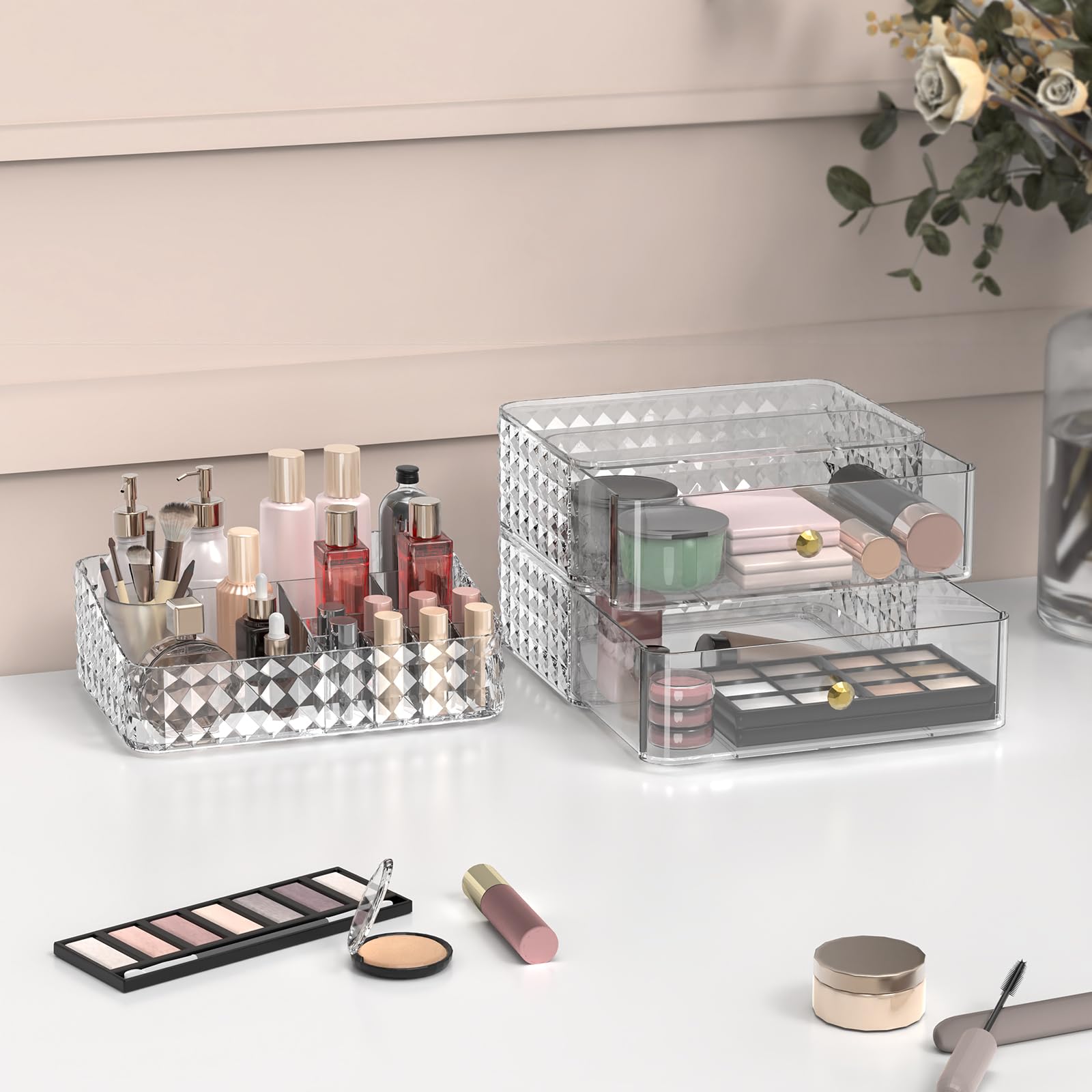 Rosoenvi Makeup Organizer for Vanity, Stackable Cosmetics Organizer and Storage, Cosmetic Display Cases with 2 Drawers and 1 Tray for Makeup Brush, Hair Accessories, Lipstick and Jewelry, Clear