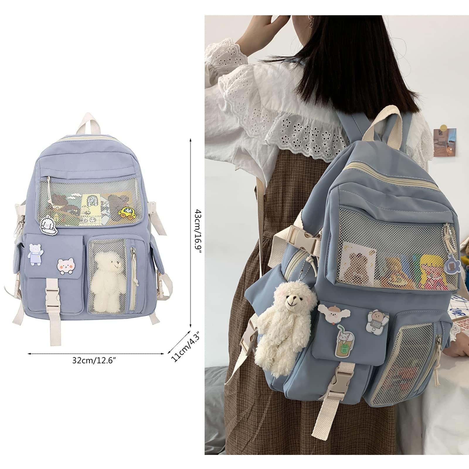 Eagerrich Cute Backpack with Cute Pin Accessories Plush Pendant for School Bag Student Girl Backpack Super-Capacity Waterproof Travel Backpack(Blue)