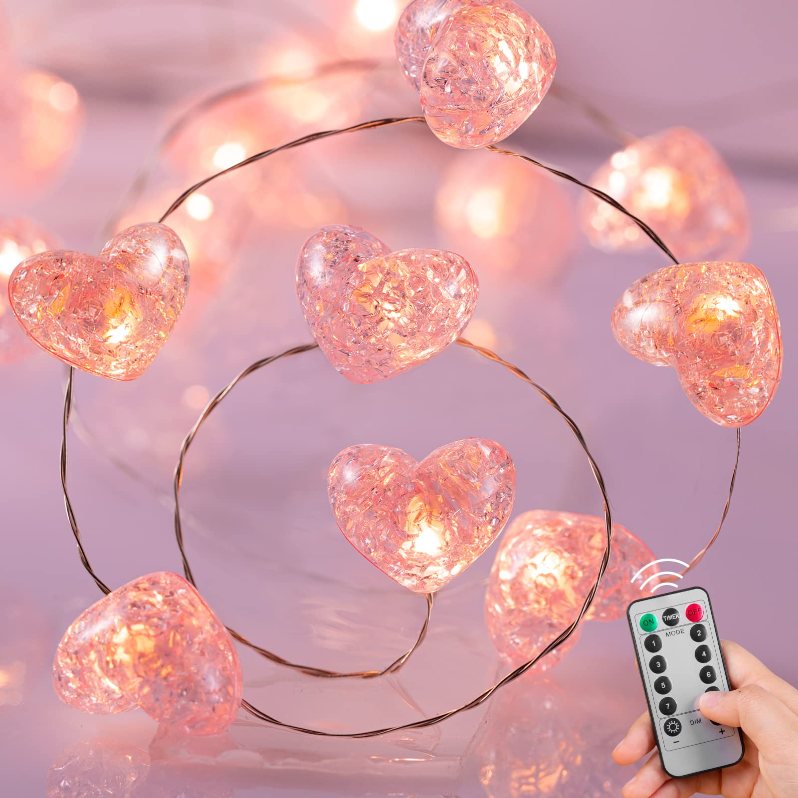 Valentine’s Day Fairy String Lights - 10.5 ft 30 LED Pink Heart Battery Operated Fairy Lights with Timer and Remote, Twinkle Heart Lights for Wedding DIY Indoor Christmas Gift Valentine's Day