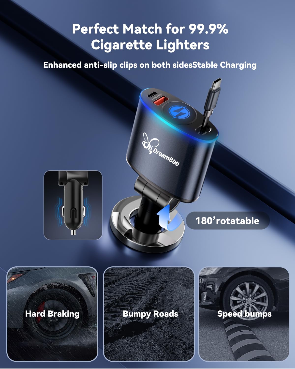 Retractable Car Charger with Starlight,162W 3 in 1 Super Fast Charge Car Phone Charger,Retractable Cable(35.4 inch) and 2 USB Ports for iPhone 16/15/14/13/12 Pro Max XR/iPad/Samsung