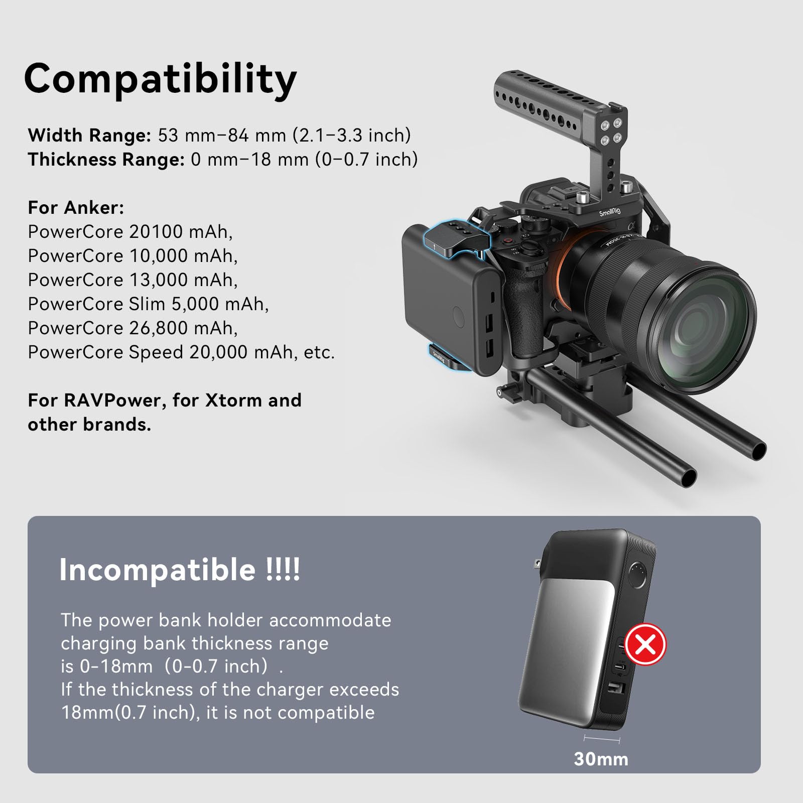 SmallRig Aluminum Power Bank Holder, Powerbank Mount Clamp Compatible with Width Range: 53 mm–84 mm (2.1–3.3 inches) and Thickness Range: 0 mm–18 mm (0–0.7 inch) Power Banks - BUB2336