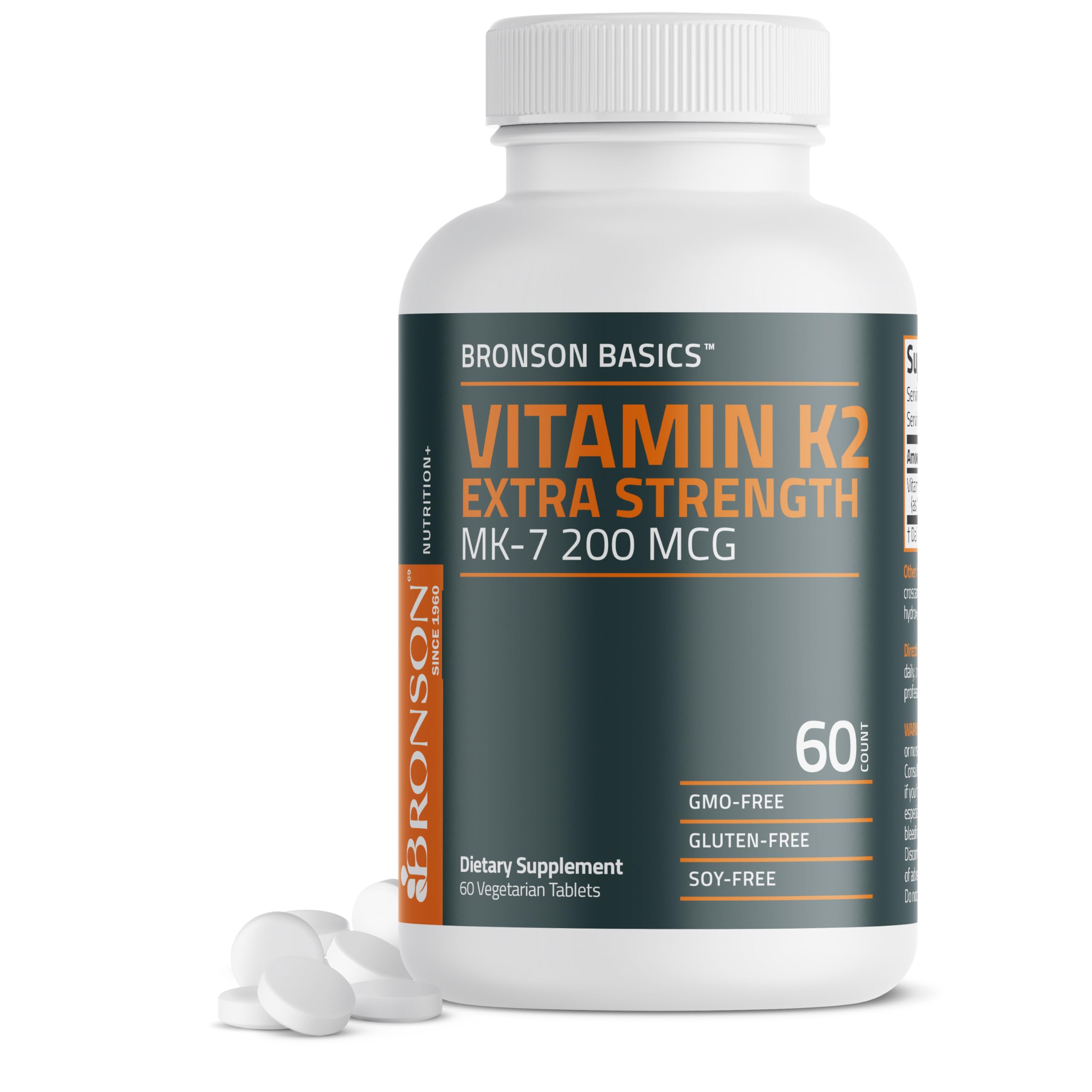 Bronson Vitamin K2 MK-7 200mcg Extra Strength, 60 Vegetarian Tablets