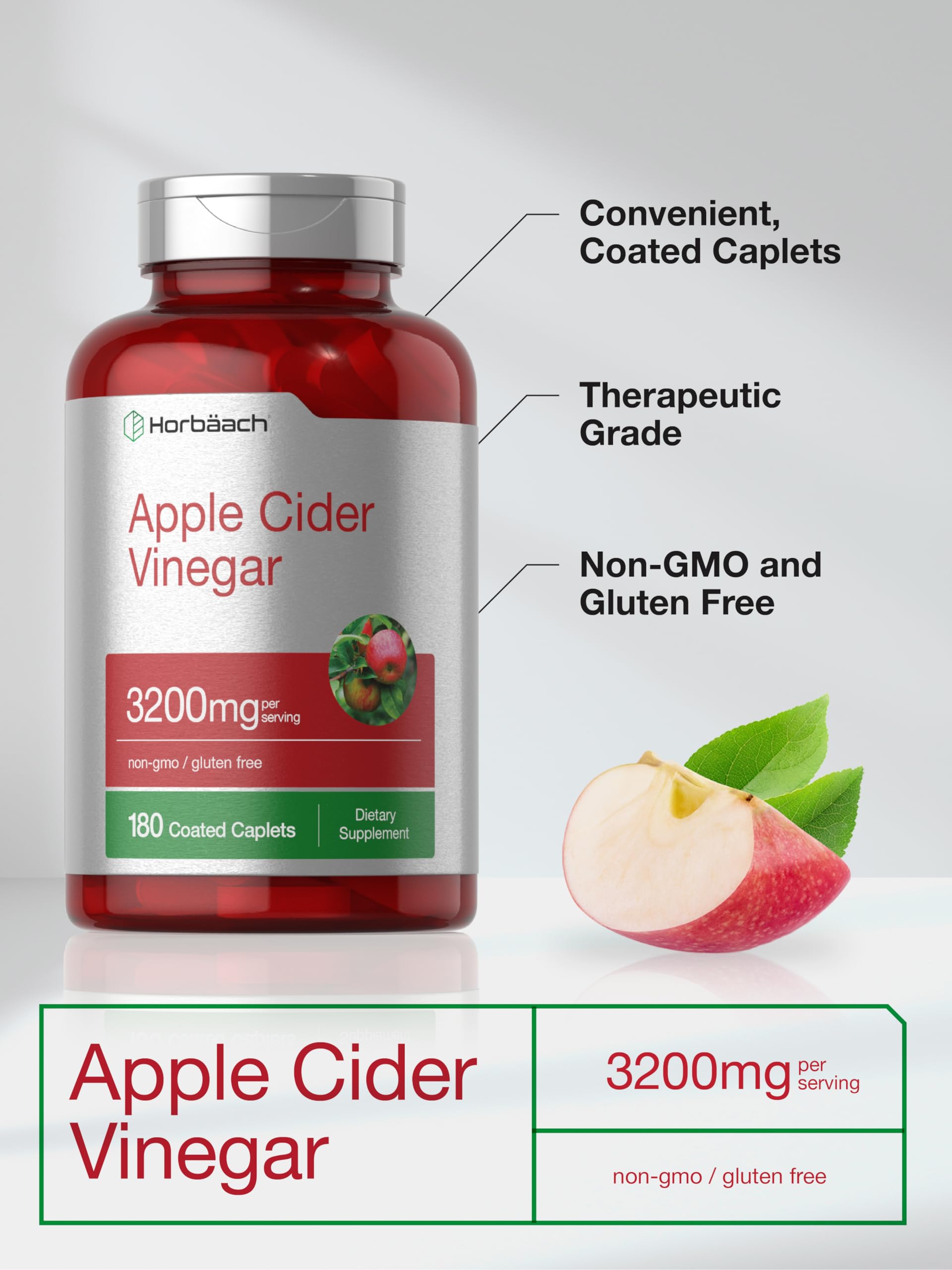 Horbäach Apple Cider Vinegar Caplets 3200mg | 180 Pills | Vegetarian, Non-GMO & Gluten Free Supplement