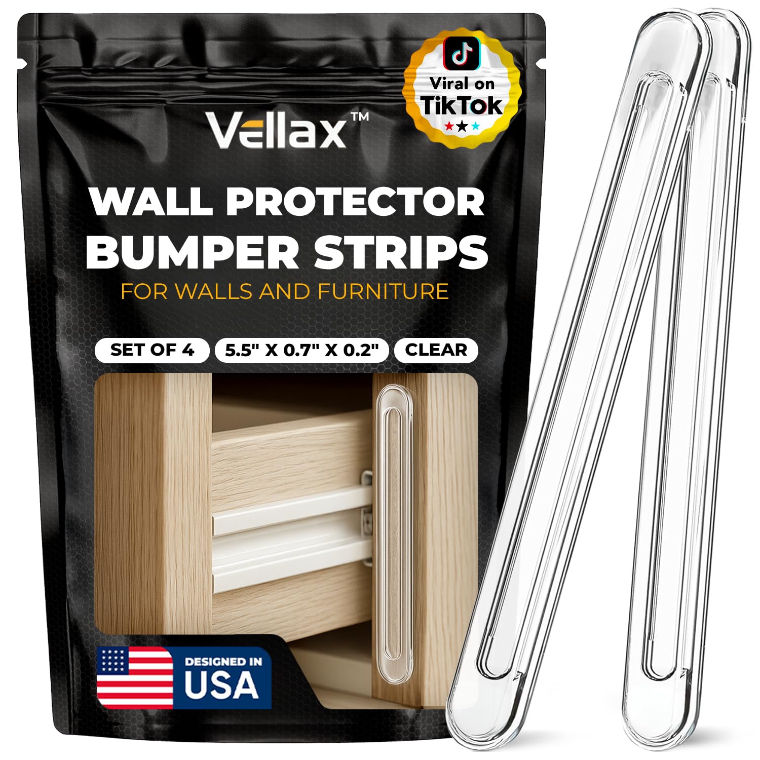 4 Clear Silicone Wall Protector Strips – Self-Adhesive Door Slam Stoppers & Noise Dampening Bumpers for Cabinets, Car, Toilet Lids, Drawers, Shower – 5.5" x 0.7" x 0.2" by Vellax