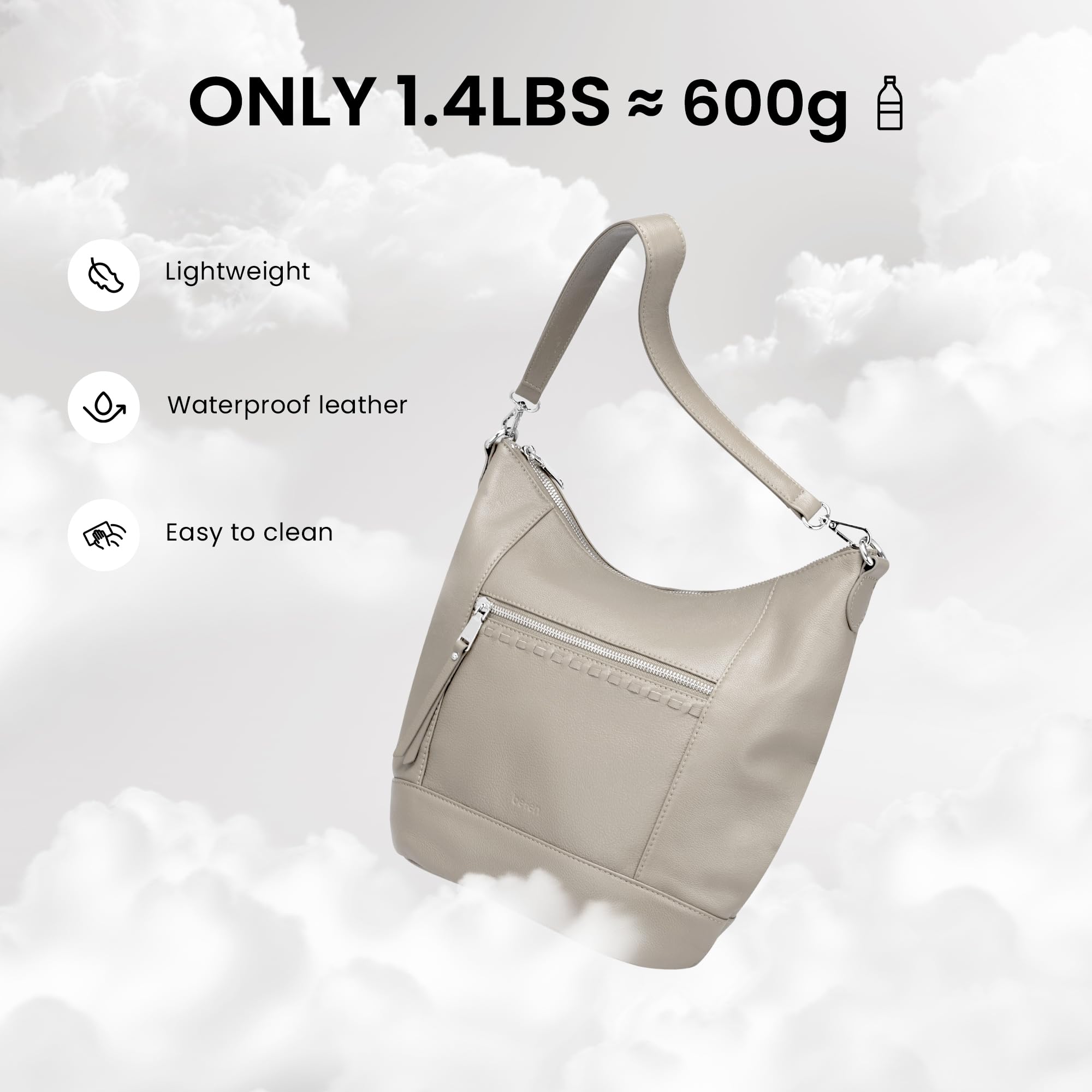 befen Soft Shoulder Bags for Women Genuine, Medium Leather Purses for Women, Ladies 100 Percent Leather Purse, Lightweight Shoulder Handbags Beige Grey