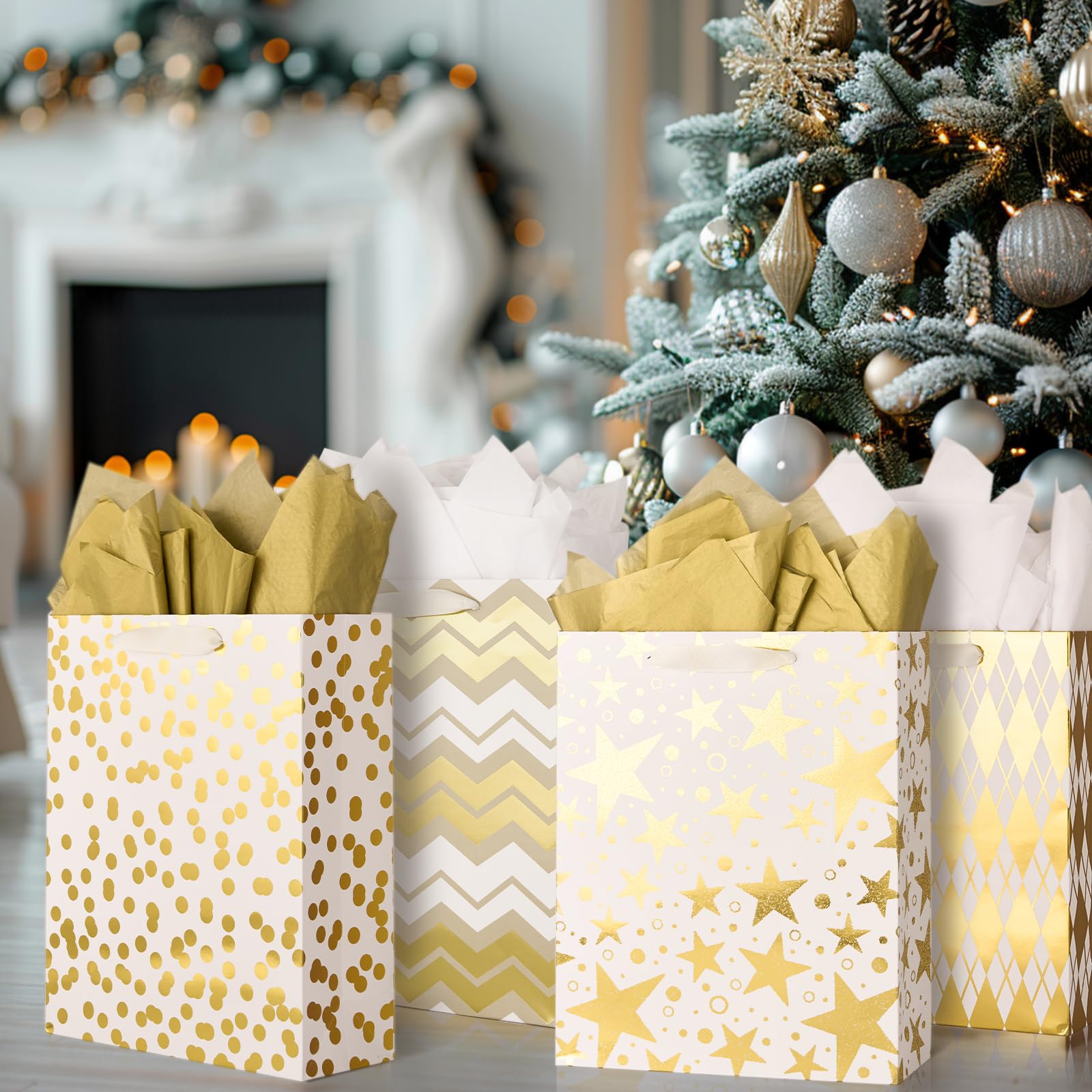 PAPER FAIR Metallic Gold Foil Gift Bags Bulk with White Tissue, 12 Pcs with 4 Unique Patterns: Stars, Polka Dots, Diamonds & Stripes, Large Size 12.5X10X4 inch, Ideal for Christmas Birthday Gift Wrap