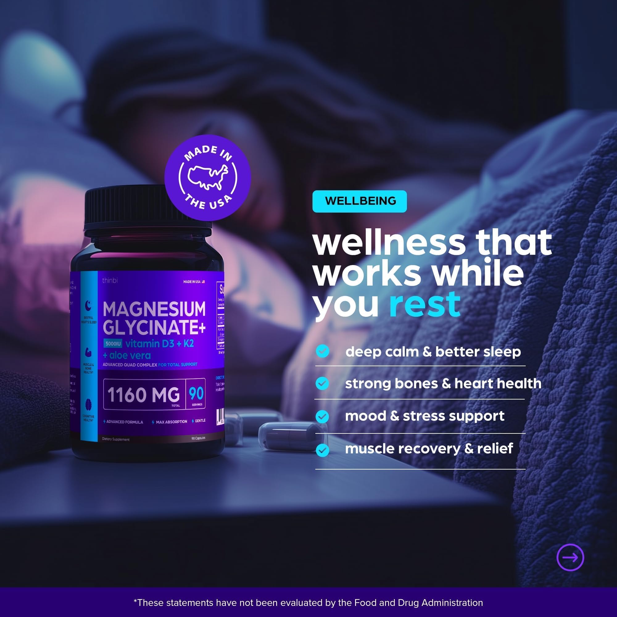 Magnesium Glycinate 1160mg + Aloe Vera, D3 & K2 Complex 90 Capsules - High Absorption, Non-Laxative - Supports Healthy Stress Response, Muscle Function & Healthy Metabolism Chelated Formula