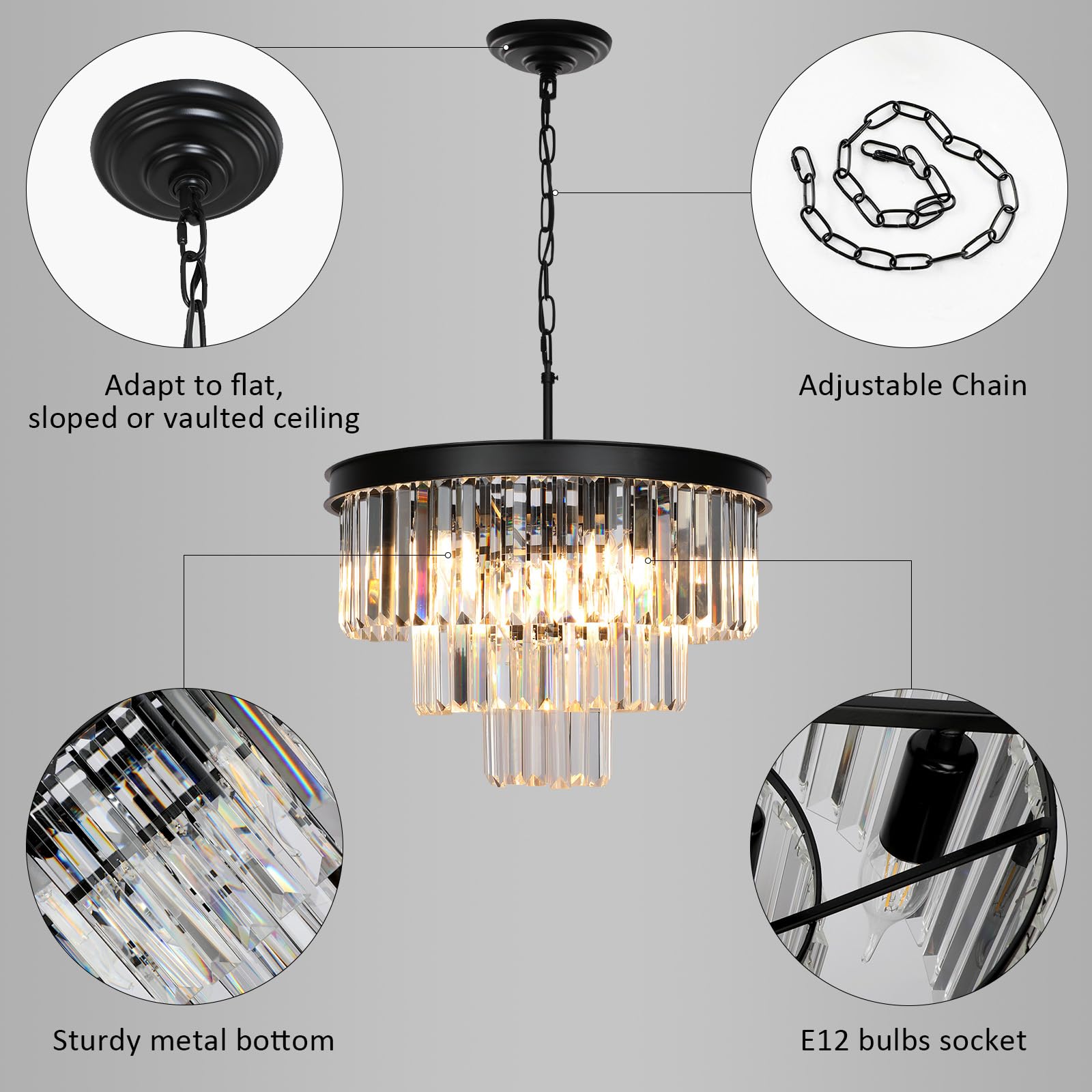 Weesalife Black Crystal Chandeliers for Dining Room Lights Fixtures, 9 Lights Modern Contemporary Chandeliers for Bedroom, 3-Tier Round Crystal Chandeliers for Living Room Entryway Kitchen Island