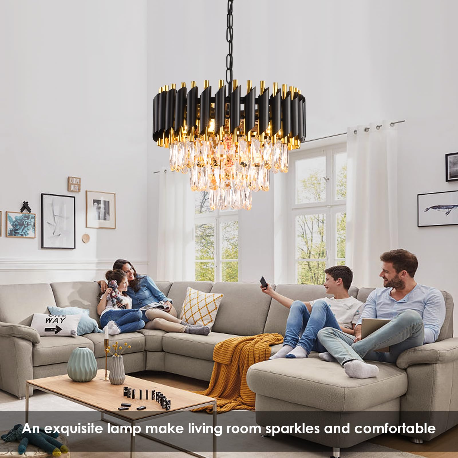 Modern Crystal Chandelier Black and Gold Chandelier 3-Tier Round Chandeliers Pendant Ceiling Light Fixture Flush Mount Chandelier for Dining Room Living Room Bedroom Foyer Hallway Entryway W16"