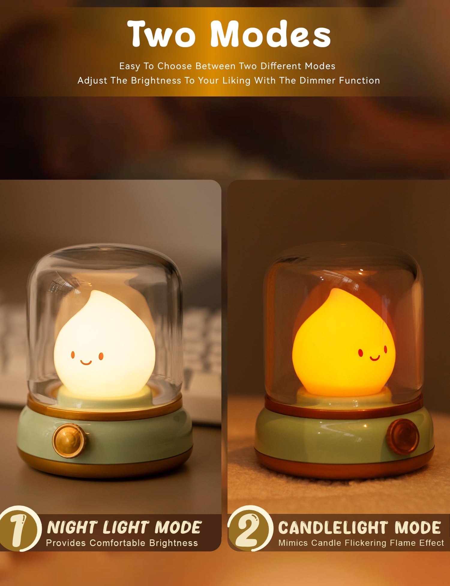 WANIDEA Cute Chibi Flame Lamp,Cozy Lights Mimics Flickering Flame Effect Amber Light,2 Modes Rechargeable Dimming Great ambience Light for Camping, Curing, Decoration,Smoko Light