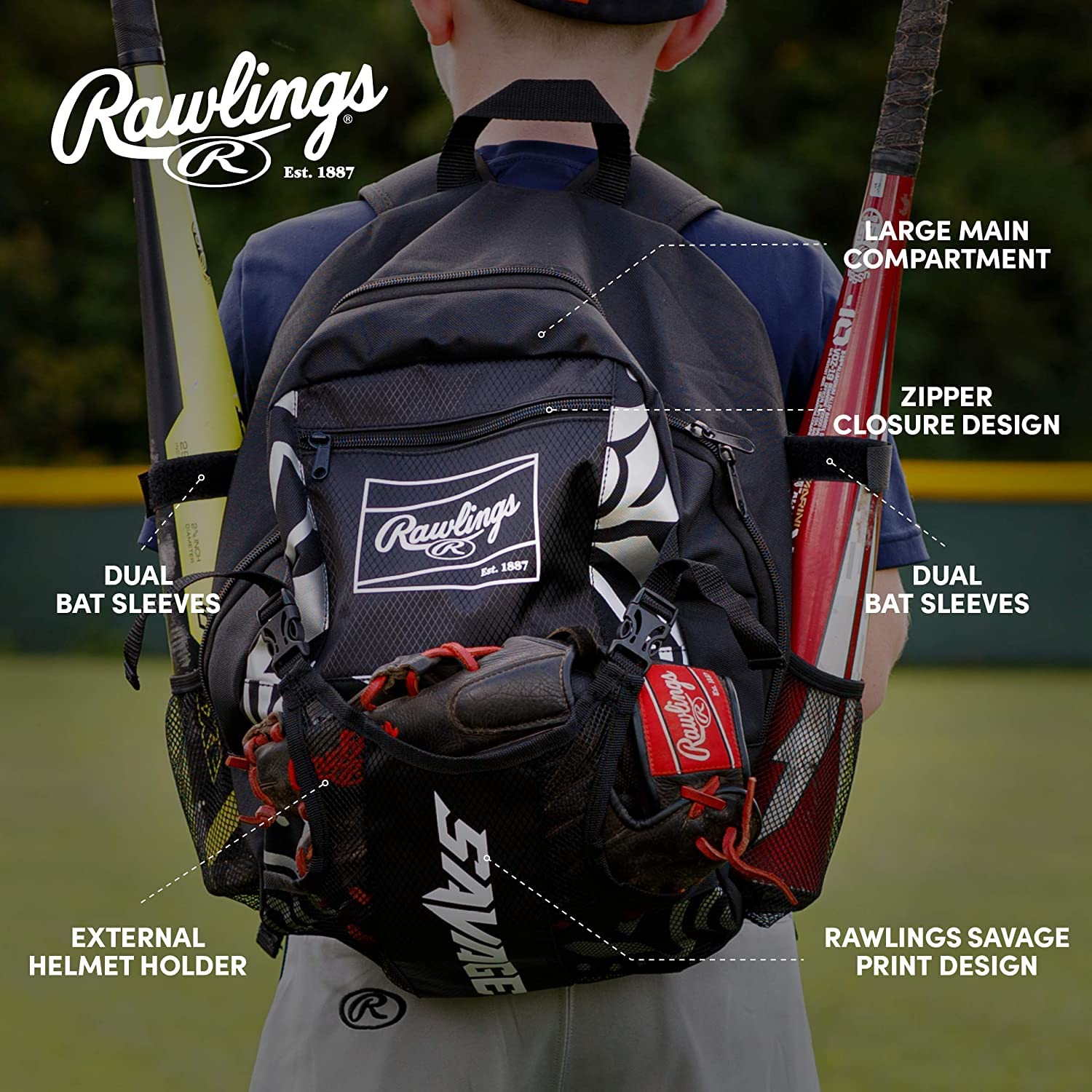 Rawlings | SAVAGE Backpack Equipment Bag | T-Ball / Baseball / Softball | Black