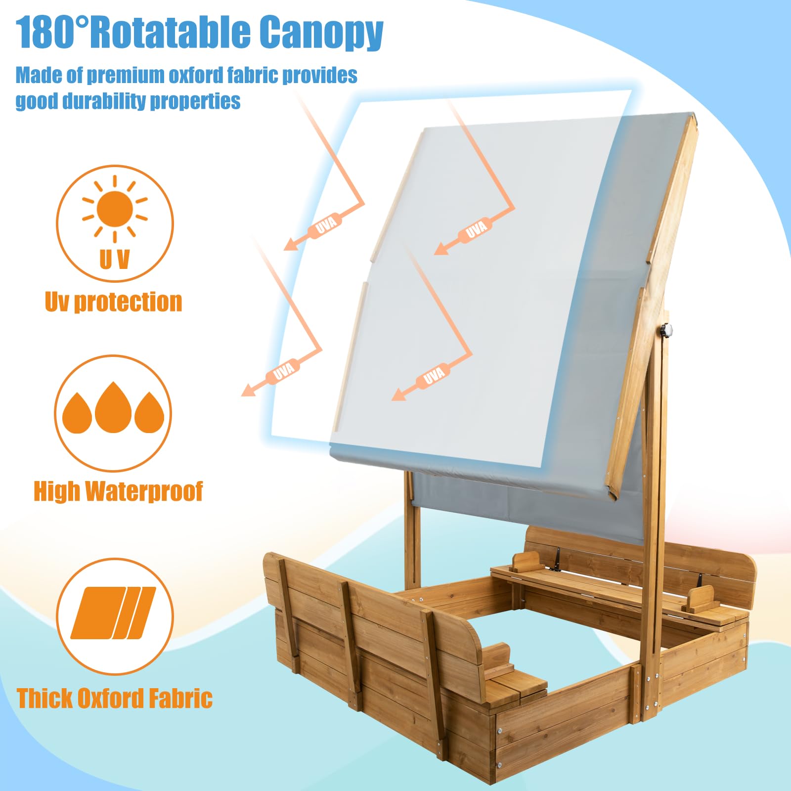 PetsCosset Wooden Sandbox with Cover, Sand Boxes for Kids Outdoor with Lid, Sandbox with 2 Foldable Bench Seats for Backyard (47x47in), UV-Resistant & Adjustable Height Roof, Gift for Ages 2-8