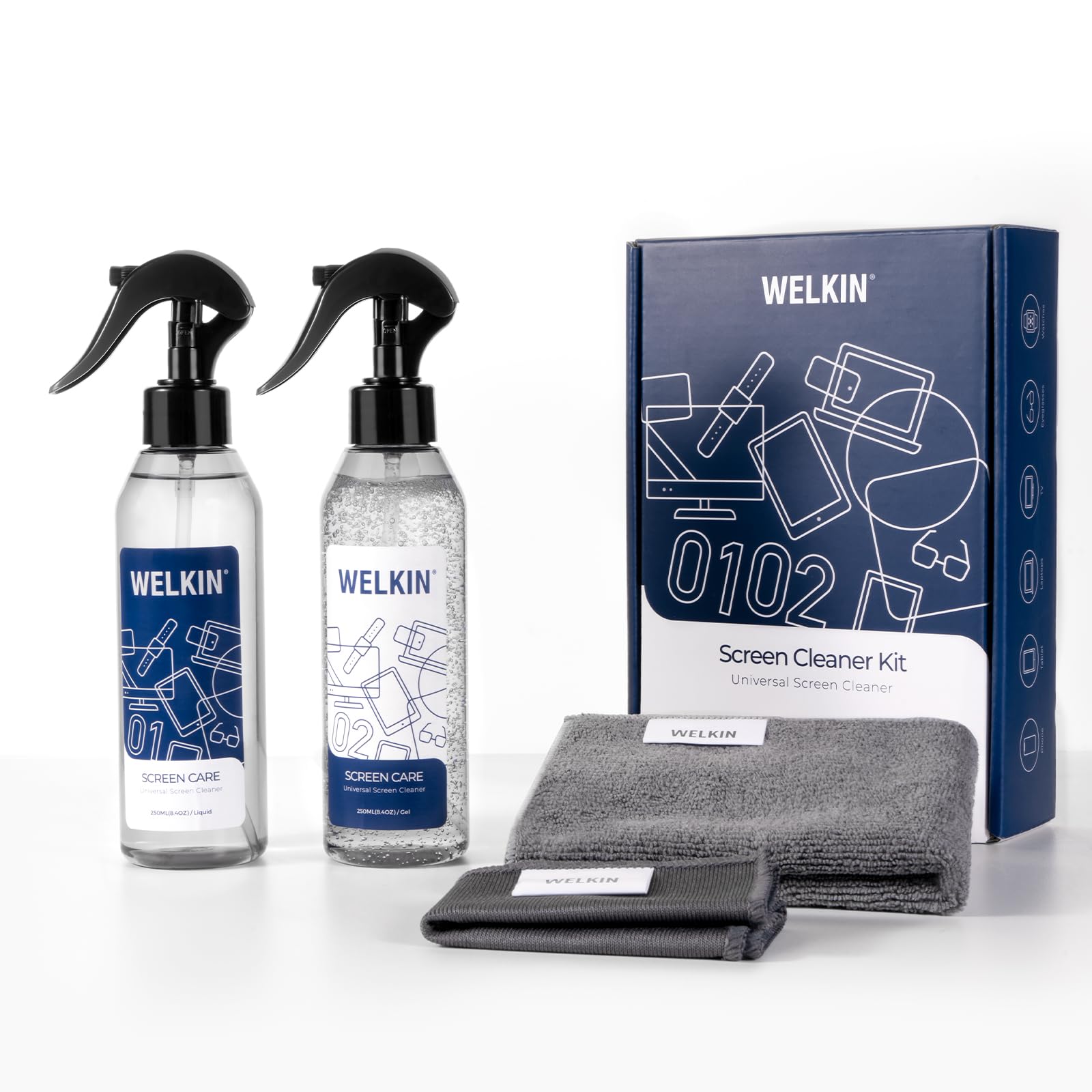 WELKIN Screen Cleaner Spray Kit（8.4 oz + 8.4 oz）- Cleaning Mist and Gel for TV, Laptop, Computer, Phone Touchscreen - 2 Sprayers，1 Microfiber Cloth & 1 Glass Wipe Included